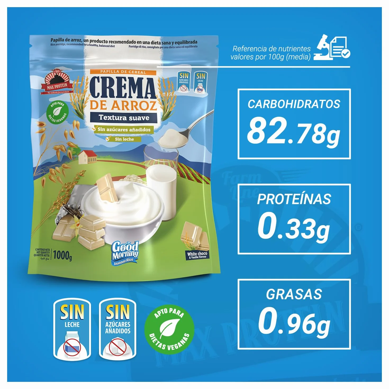 MAX PROTEIN Crema de Arroz Fitness 1000g Fuente Carbohidratos Pre Entreno Post Entreno Vegana Sin Lactosa White Choc Vanilla