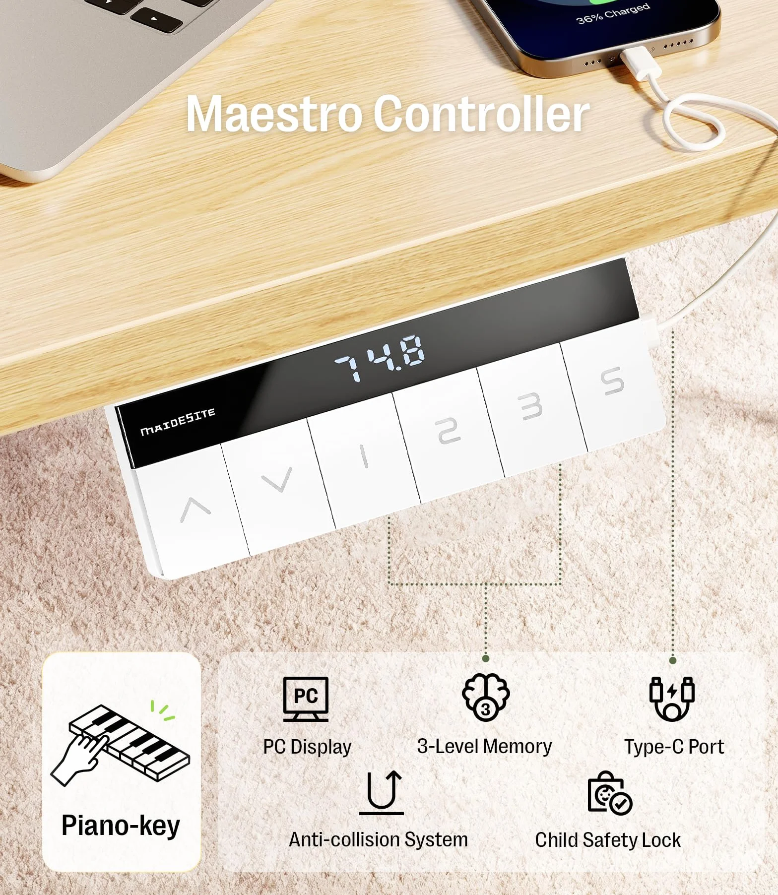 Escritorio Elevable Eléctrico MAIDeSITe 180x120cm Doble Motor 160KG Mesa en Forma de L