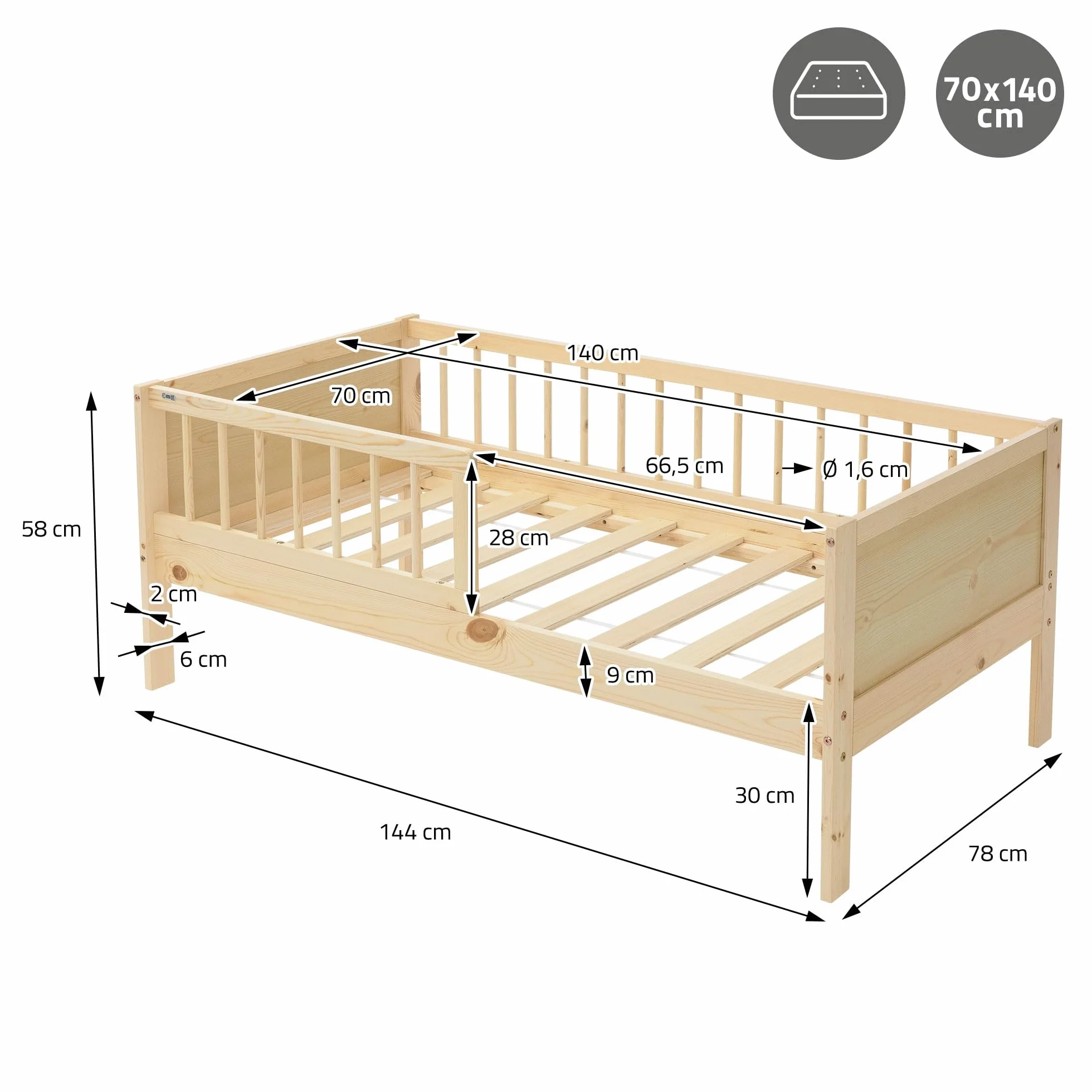 ML-Design Cama Infantil Natural con Colchón De Espuma Fría 70x140cm Madera de Pino Maciza con Somier de Láminas y Protección Anticaída Estructura Robusta Mueble de Dormitorio para Niños/Bebés