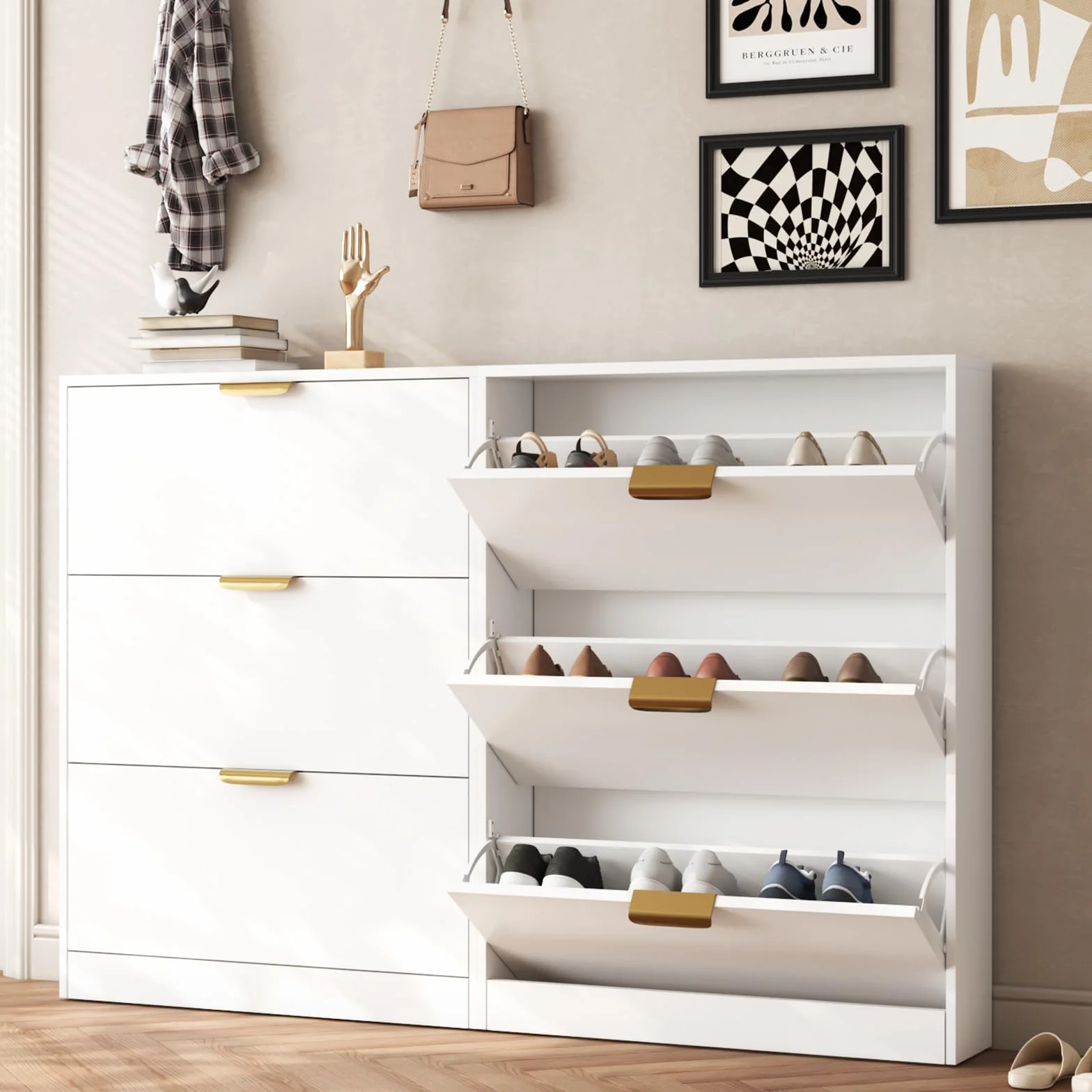 VOWNER Zapatero 3 Puertas, Zapatero Entrada Recibidor, 80 x 17 x 108 cm (Largo x Ancho x Alto), Blanco, Madera, para Entrada Estrecha, Pasillo