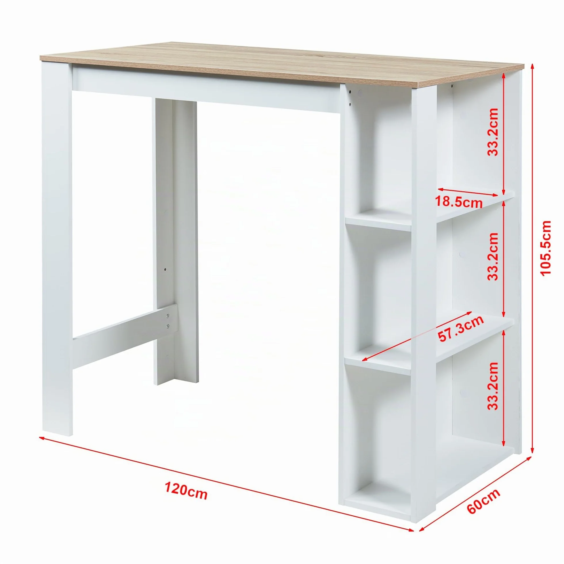 [en.casa] Mesa Alta Cocina Danderyd Mesa de Bar Moderna con 3 Estantes Laterales para Comedor Oficina en Casa Aglomerado 120 x 60 x 106 cm - Blanco/Efecto Roble