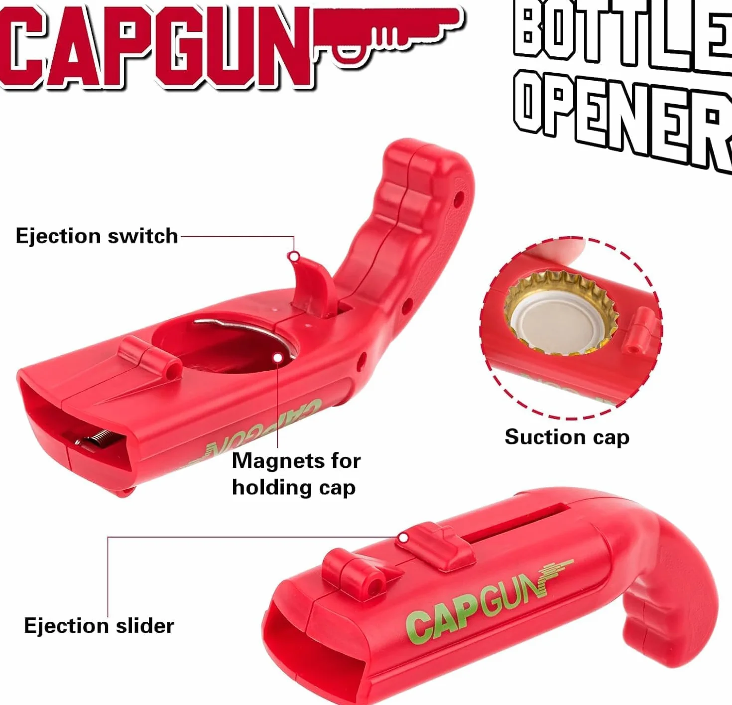 3PCS Abrebotellas, Abridor de Cerveza Divertidos, Abridor de Cerveza Botellas Cap Gun con Pistola para Fiestas en Casa, Barbacoa al Aire Libre, Juego Creativo, Regalo Divertido (Rojo+Gris+Negro)