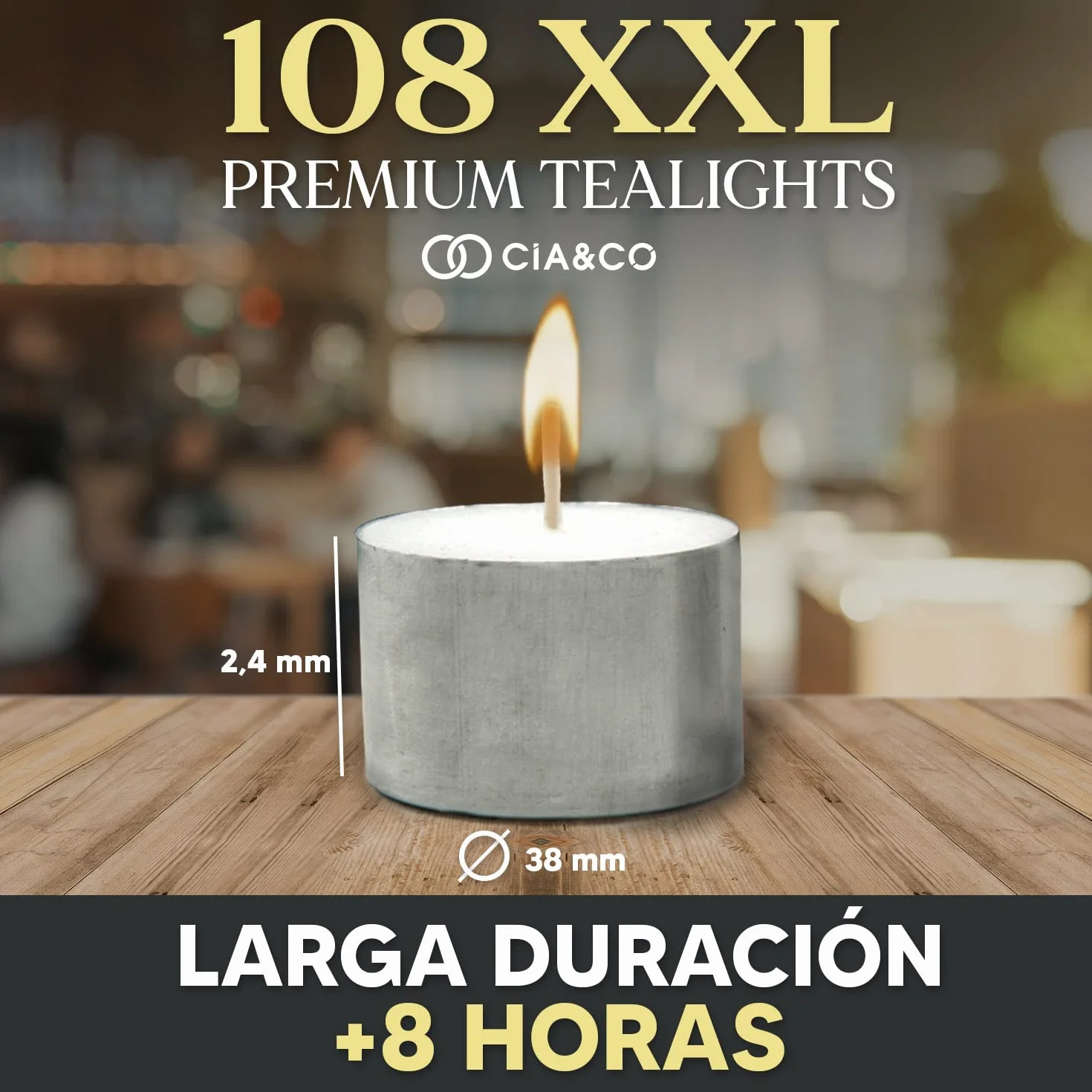 Velas de té 8 Horas XXL Larga Duración 100% Parafina Diámetro 38 mm Pack 108