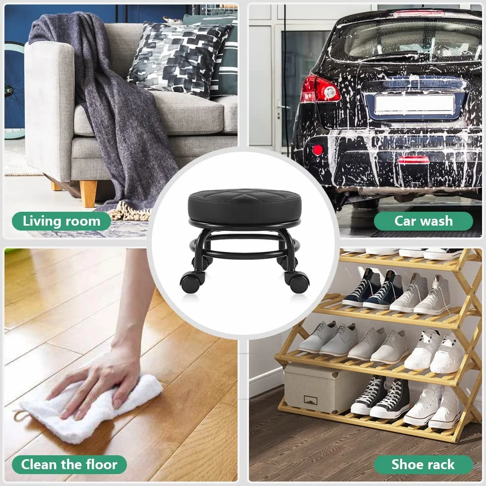 FURWOO Roller Seat PU Leather Low Round Rolling Stool Taburete de Piso con Ruedas universales H 25.5cm Negro