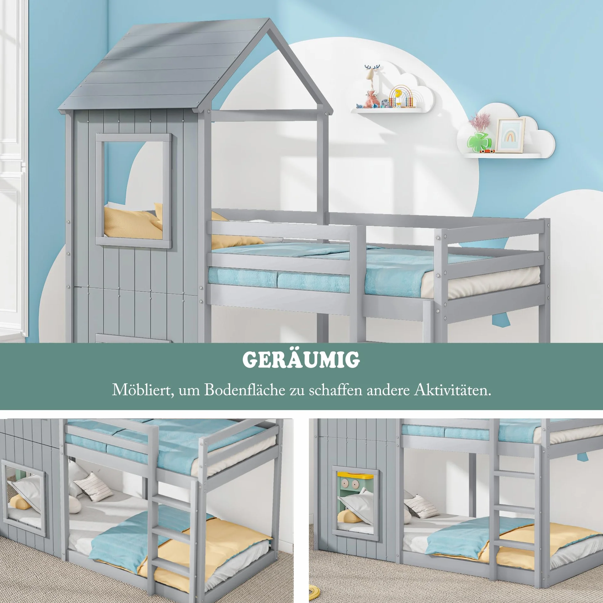 Idemon 90 x 200 cm litera, cuna, cama de casa para niñas y niños, con escalera y dosel, profundidad del suelo, madera maciza (gris)