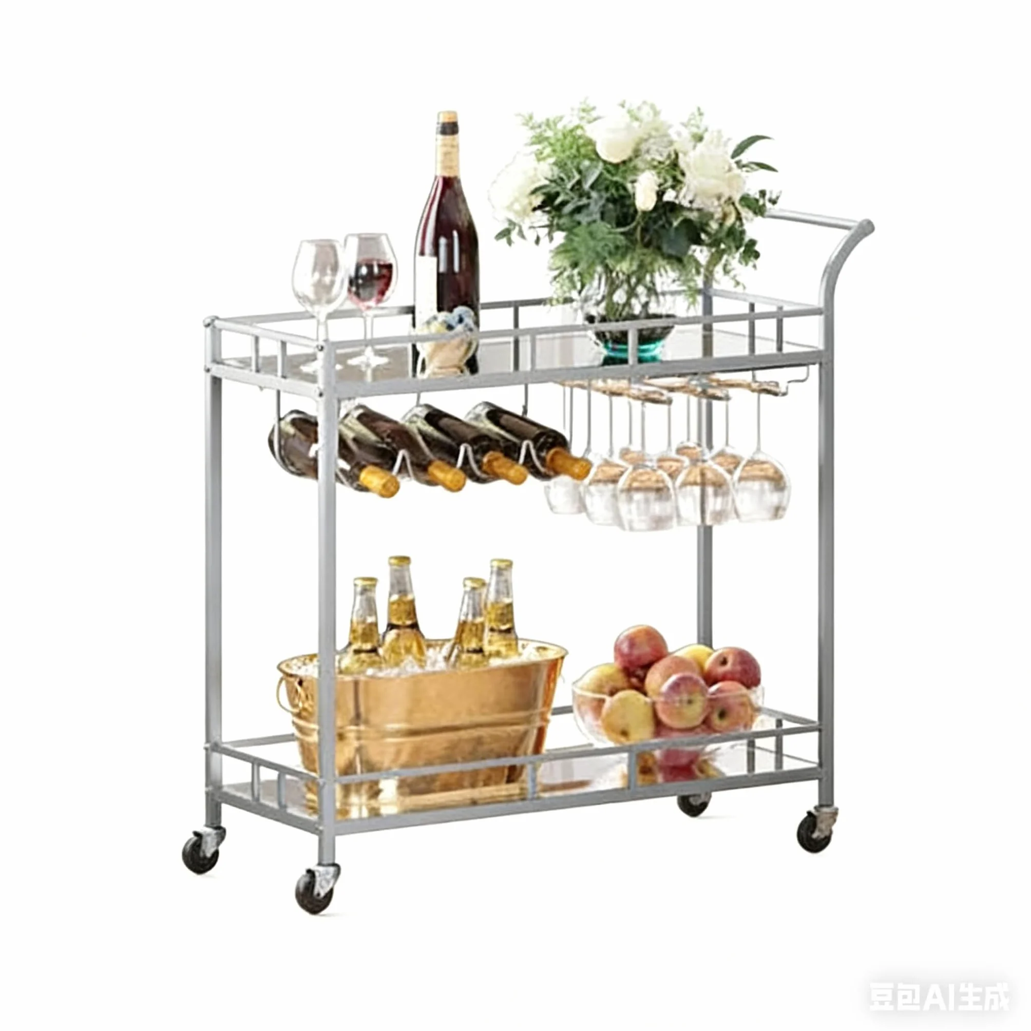 Garvee Carro de Bar rodante de 2 Niveles con estantes espejados – Porta Copas y Botellas – Compacto y portátil para Comedor, Cocina o Sala – Plata+Espejo, 4 Botellas, 3 Filas Copas, 34x15x35