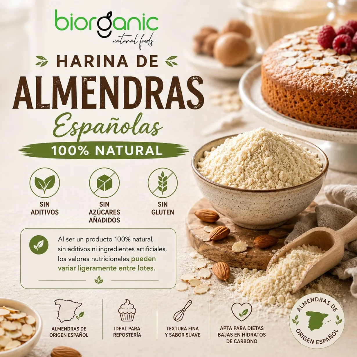 Harina de almendra 1kg sin gluten sin piel molienda fina origen España