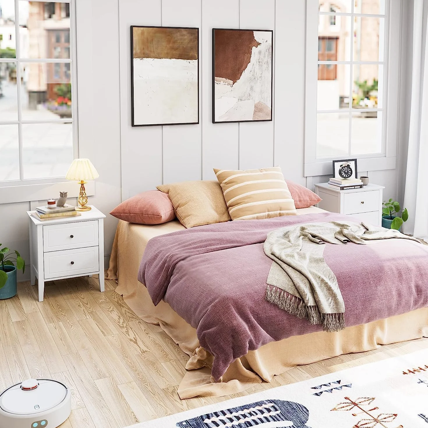 FOREHILL Mesitas de Noche Pack 2 Blanca, Mesillas de Noche con 2 Cajones, Mesitas de Noche Dormitorio, Mesas de Noche, Moderno, Madera, 50x40x55,5cm