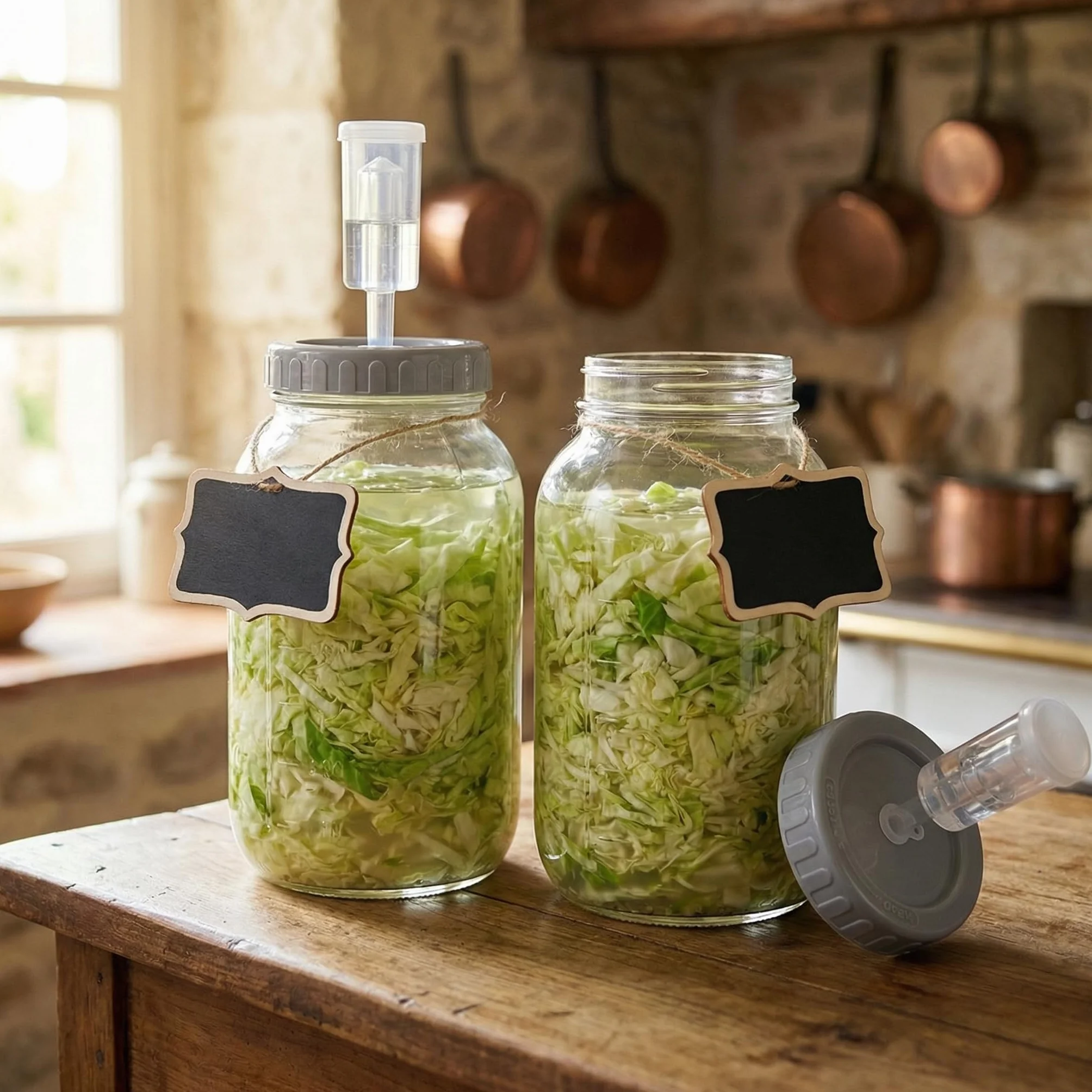2 PCS Tarros de Fermentación 2L con Tapa, Kit de Fermentación con Cierre de Aire,Recipiente deFermentación de Vidrio, Kit de Fermentaciones con Etiquetas Cuerdas para Chucrut Kéfir Kimchi