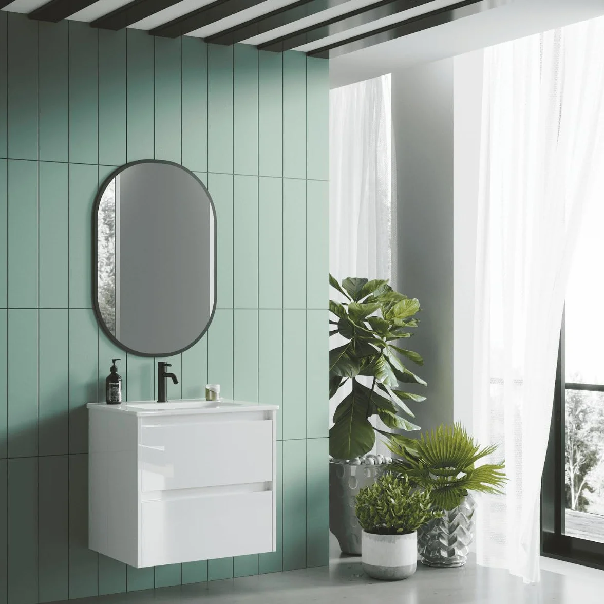 Mueble de Baño Suspendido Fondo Reducido con Lavabo Cerámico| Mueble Volado 2 Cajones | 50 cm Blanco Brillo
