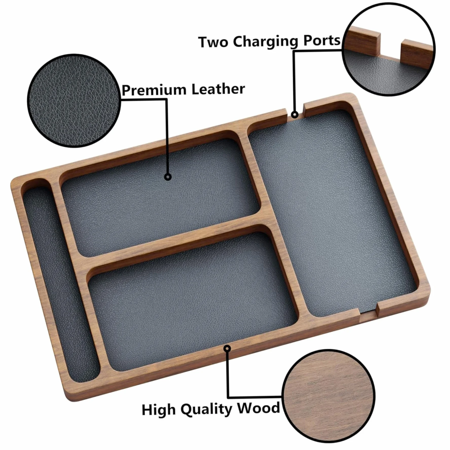 Coge Todas Las bandejas, Bandeja de Valet de Madera con Incrustaciones de Cuero, Organizador de Nocturno de Compartimento 12x8 para Hombres Mujeres, captando Todo Bandeja para Llaves, teléfono, bille