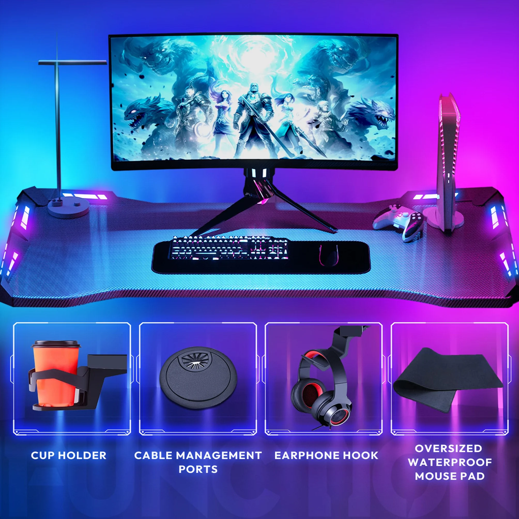 LZQ Mesa de juegos con LED RGB 140 x 60 cm, escritorio ergonómico para gamer PC con superficie de fibra de carbono, mesa de juegos RGB con mando a distancia y gancho para auriculares, color negro