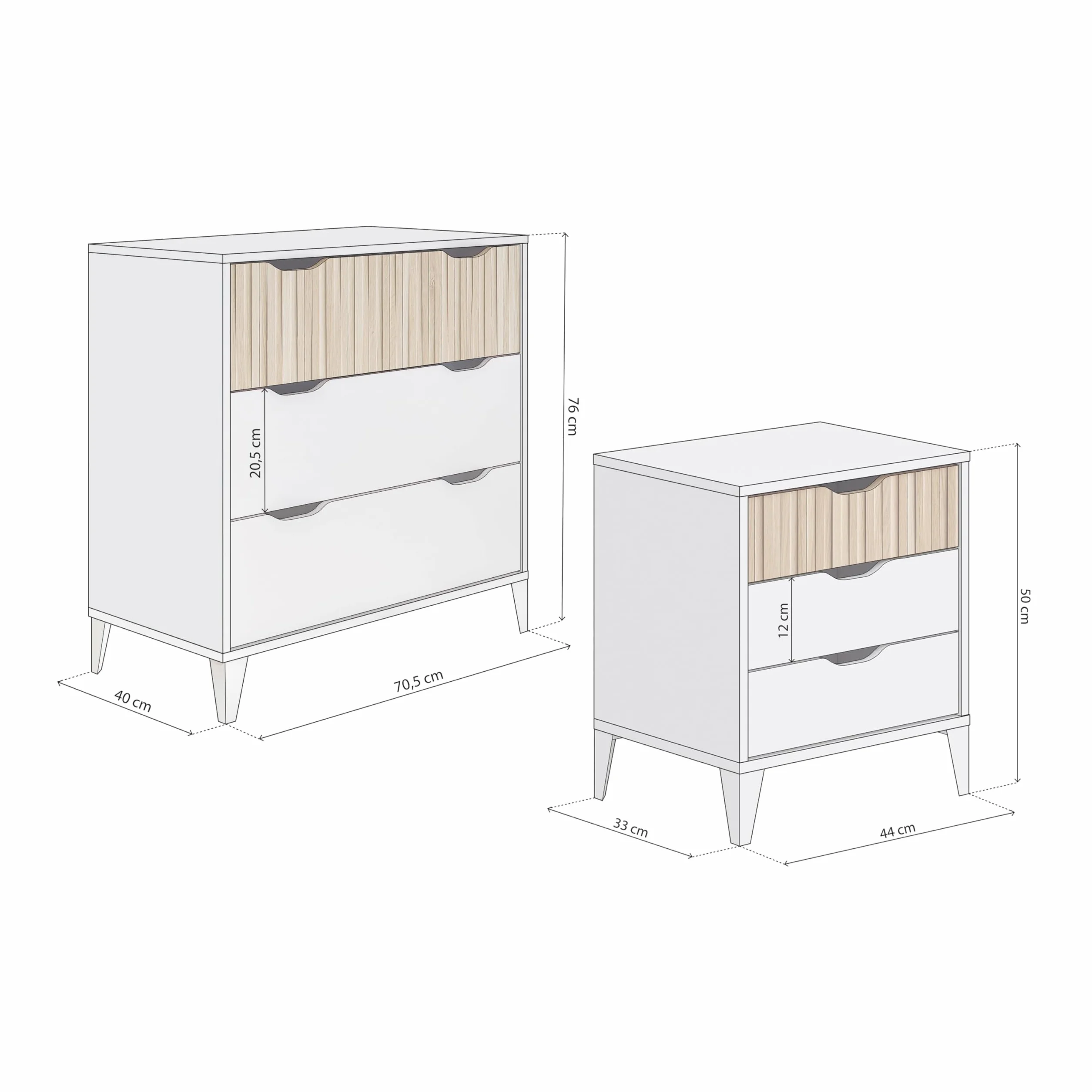 duehome | Pack de Dormitorio con 2 Mesitas de Noche + Comoda, Conjunto de Dormitorio, Modelo Nitza On 3C, Acabado en Blanco Artik y Roble Natur