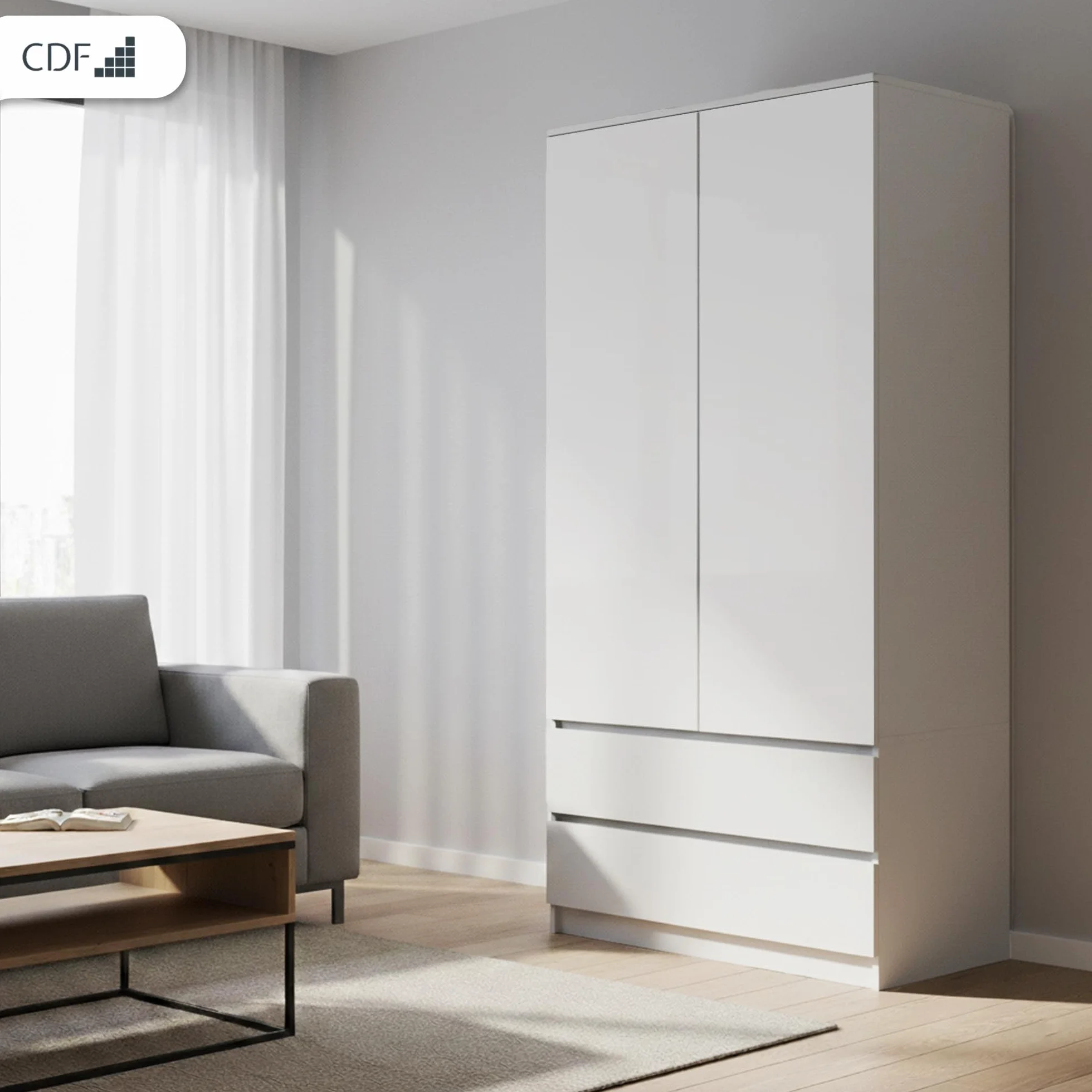 CDF Armario Dormitorio 90cm 2 Puertas 2 Cajones Armario Ropero Blanco Tablero Laminado 16 mm