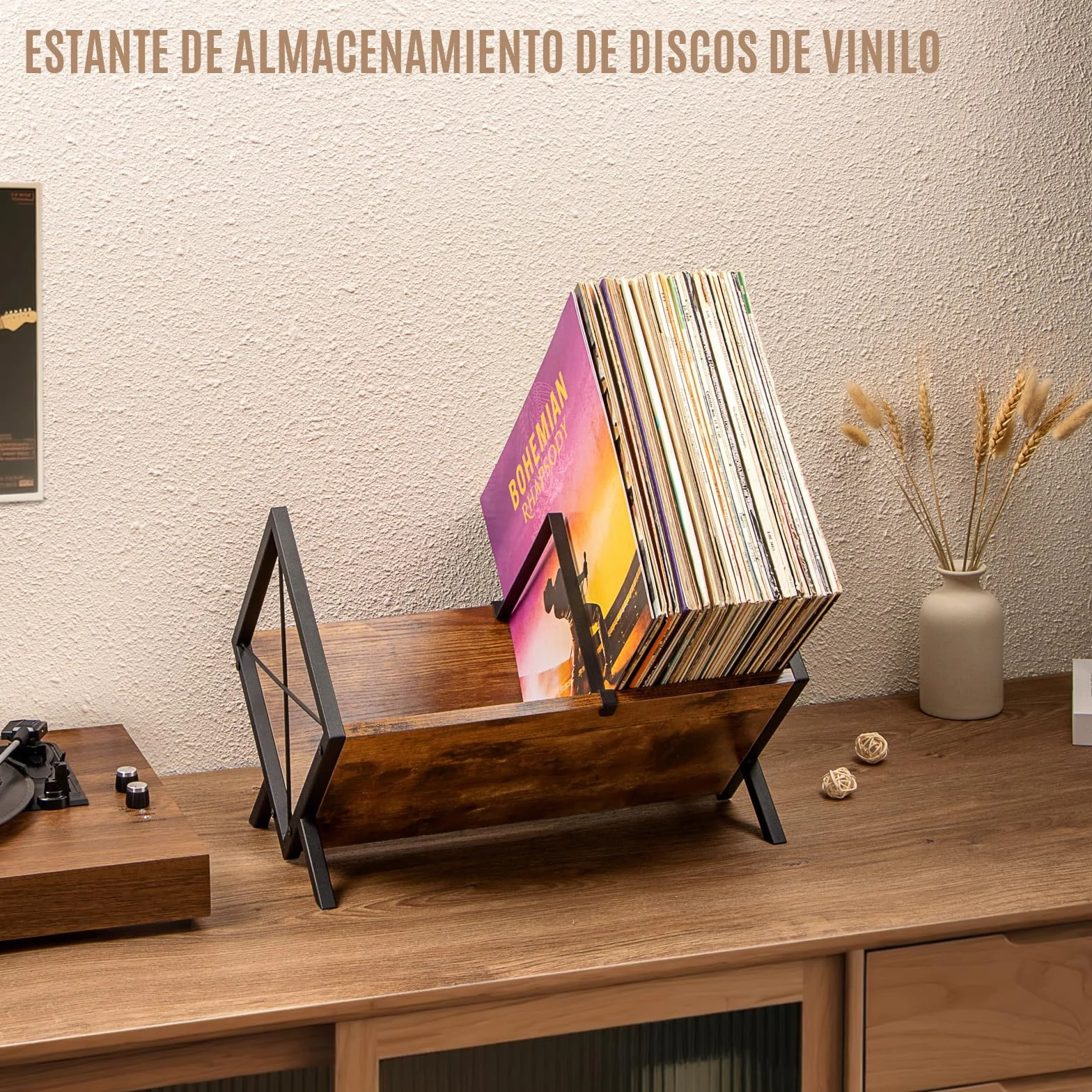 PUERSI Soporte Vinilos 80 LP Expositor Discos Vinilo 1 Nivel Almacenamiento con Divisor Ajustable Organizador Álbumes Revistas Libros Archivos Marrón