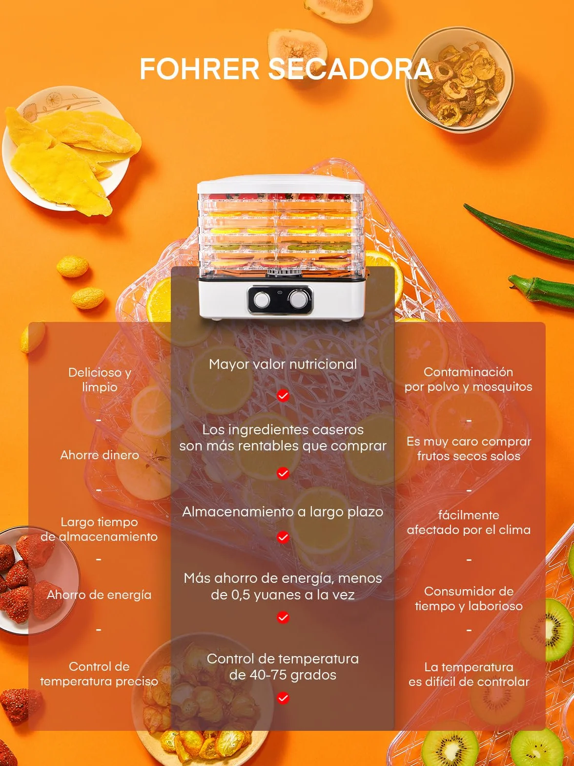 Deshidratador de Alimentos con 5 Bandejas Ajustables, Temperatura Ajustable 35-70°C