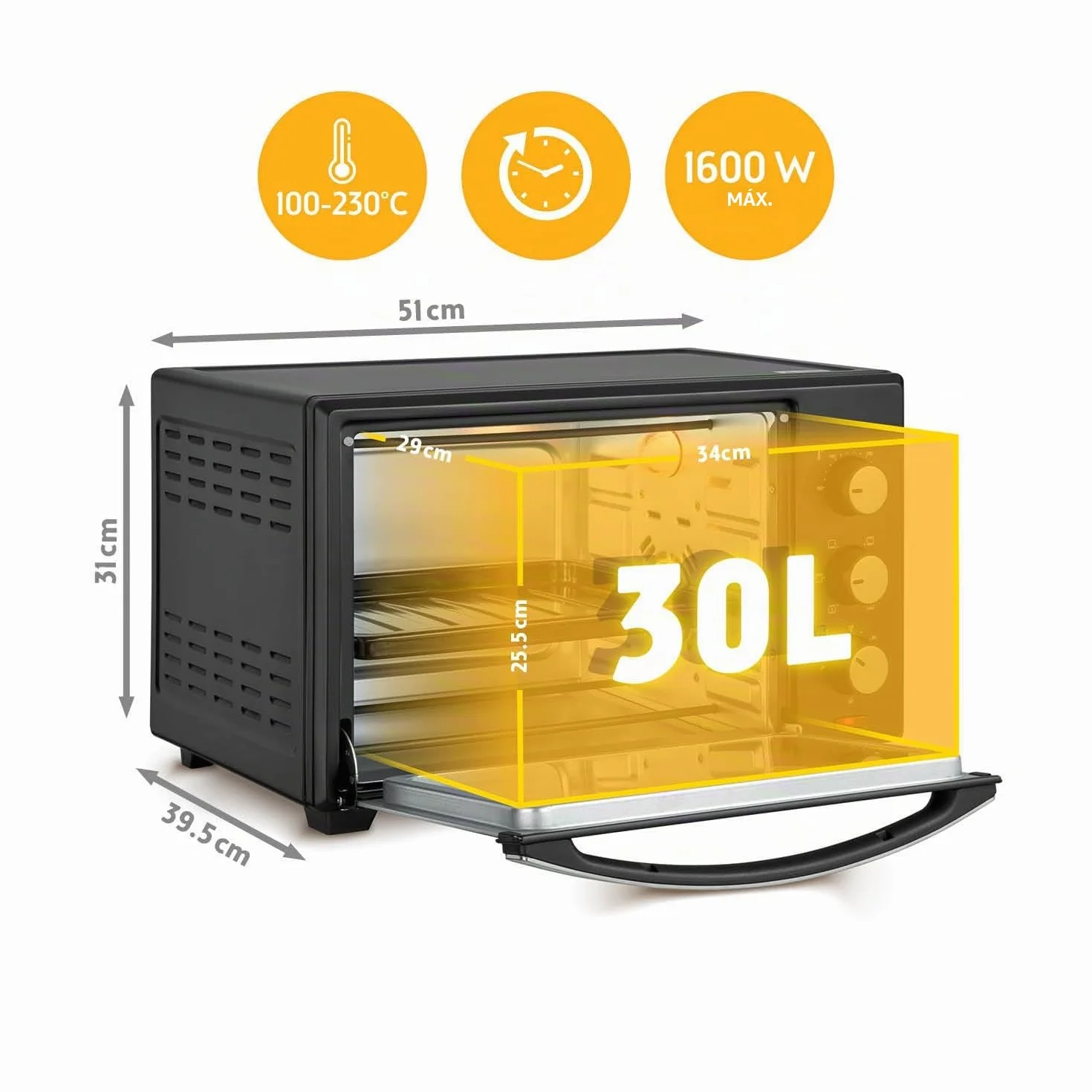 First Austria Mini Horno 30L 1600W Horno Eléctrico con Termostato 230°C Temporizador 60min 3 Alturas Bandeja Parrilla