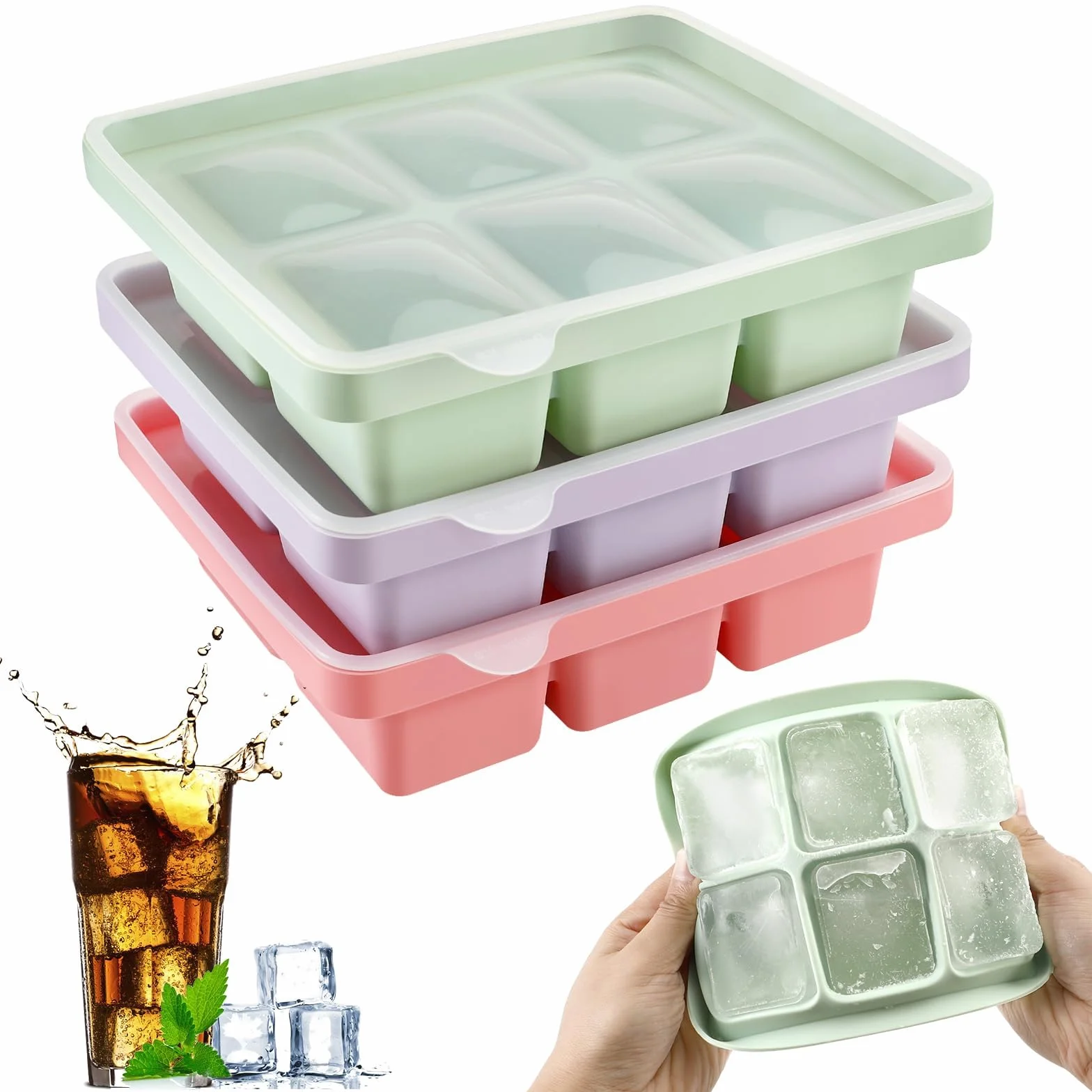 Auauraintt 3 Pack cubiteras de hielo de silicona con tapa apilables aptas para lavavajillas