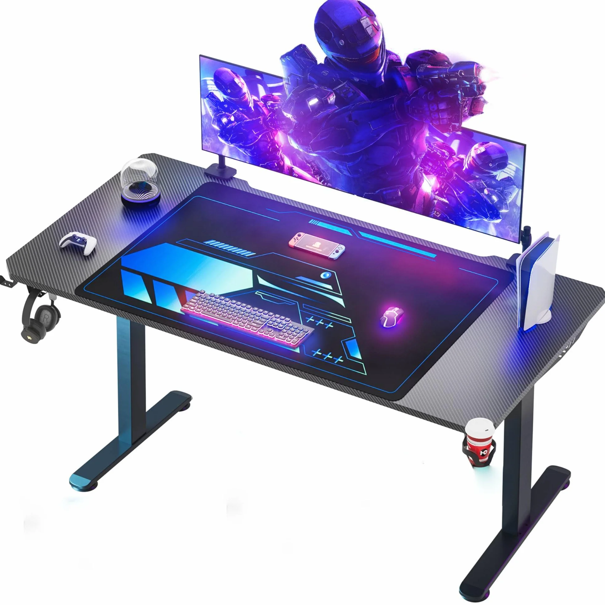 Himimi Mesa Gaming,Escritorio Gaming de Ergonómica, Escritorio Gamer de Fibra de Carbono, Escritorio de Juego con Alfombrilla de Ratón, Portavasos y Gancho para Auriculares,Negro （180x70x80 cm ）