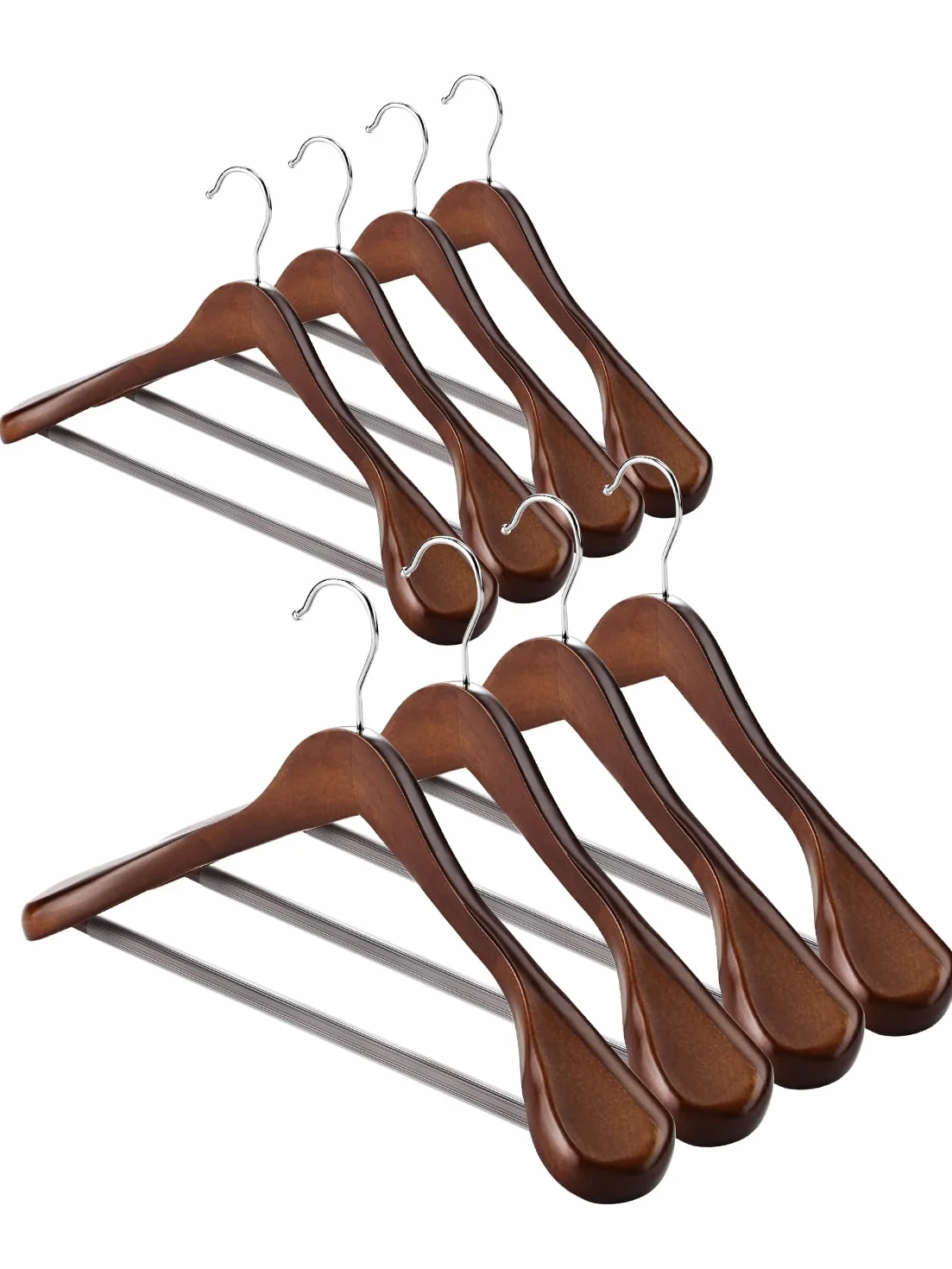 AMKUFO Perchas de madera de hombro ancho, paquete de 8 perchas con barra antideslizante para pantalones, perchas de madera resistentes con acabado suave, gancho giratorio de 360° para suéter, chamarra