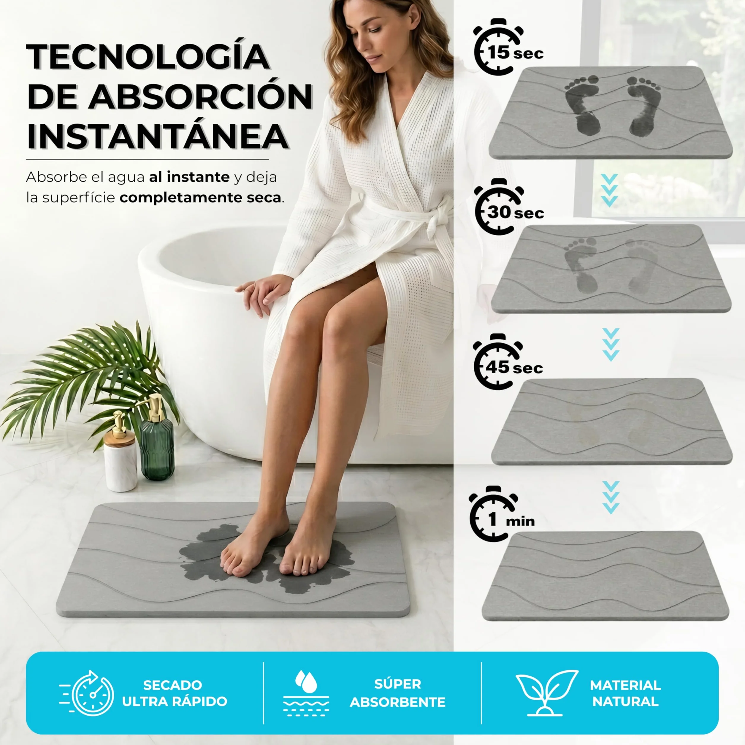 Alfombra Diatomita Baño 60x40 Antideslizante Antibacteriana Super Absorbente Stone Bath Mat Grey Waves