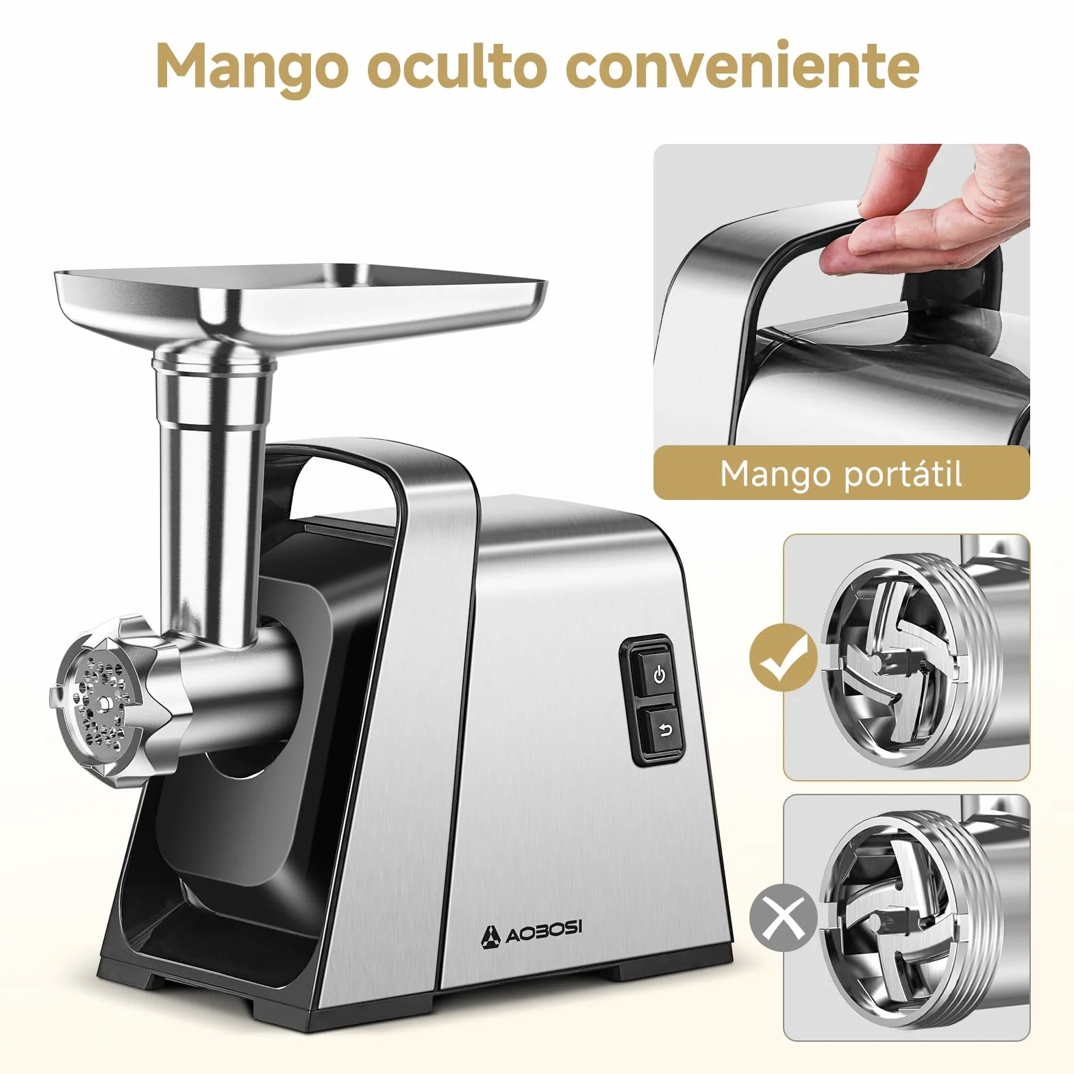 AAOBOSI Picadora De Carne, 3-EN-1 Picadora De Carne Eléctrica [3000w Max] Con 2 Cuchillas, 3 Placas De Corte De Acero Inoxidable, 1 Tubo Para Rellenar Salchichas, 1 Kit Kubbe