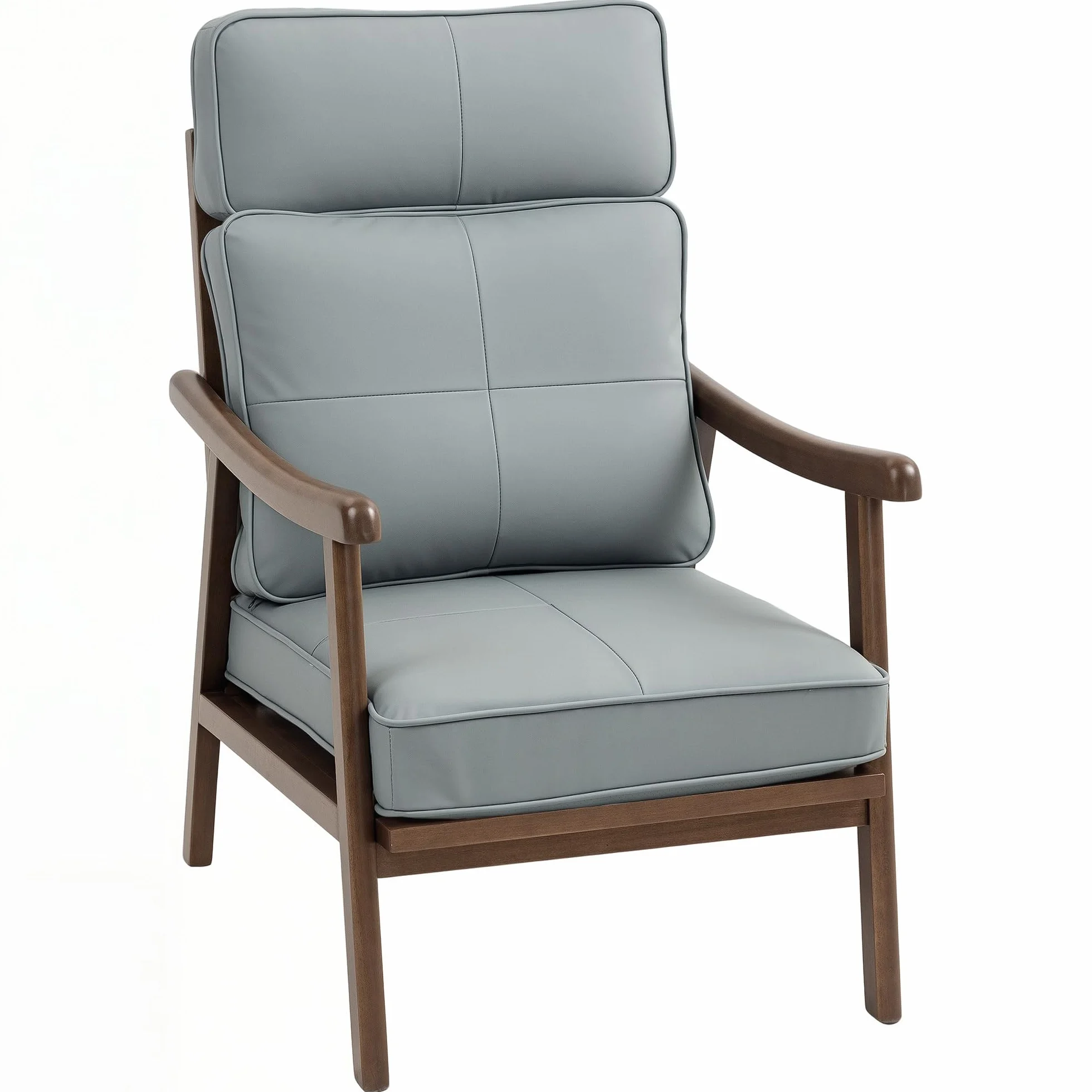 HOMCOM Butaca de Salón Sillón de Salón Tapizado en PU con Marco de Madera Cojines Acolchados Gruesos Respaldo Alto Carga 150 kg Sillón Lectura para Sala de Estar Dormitorio Gris y Madera Nogal