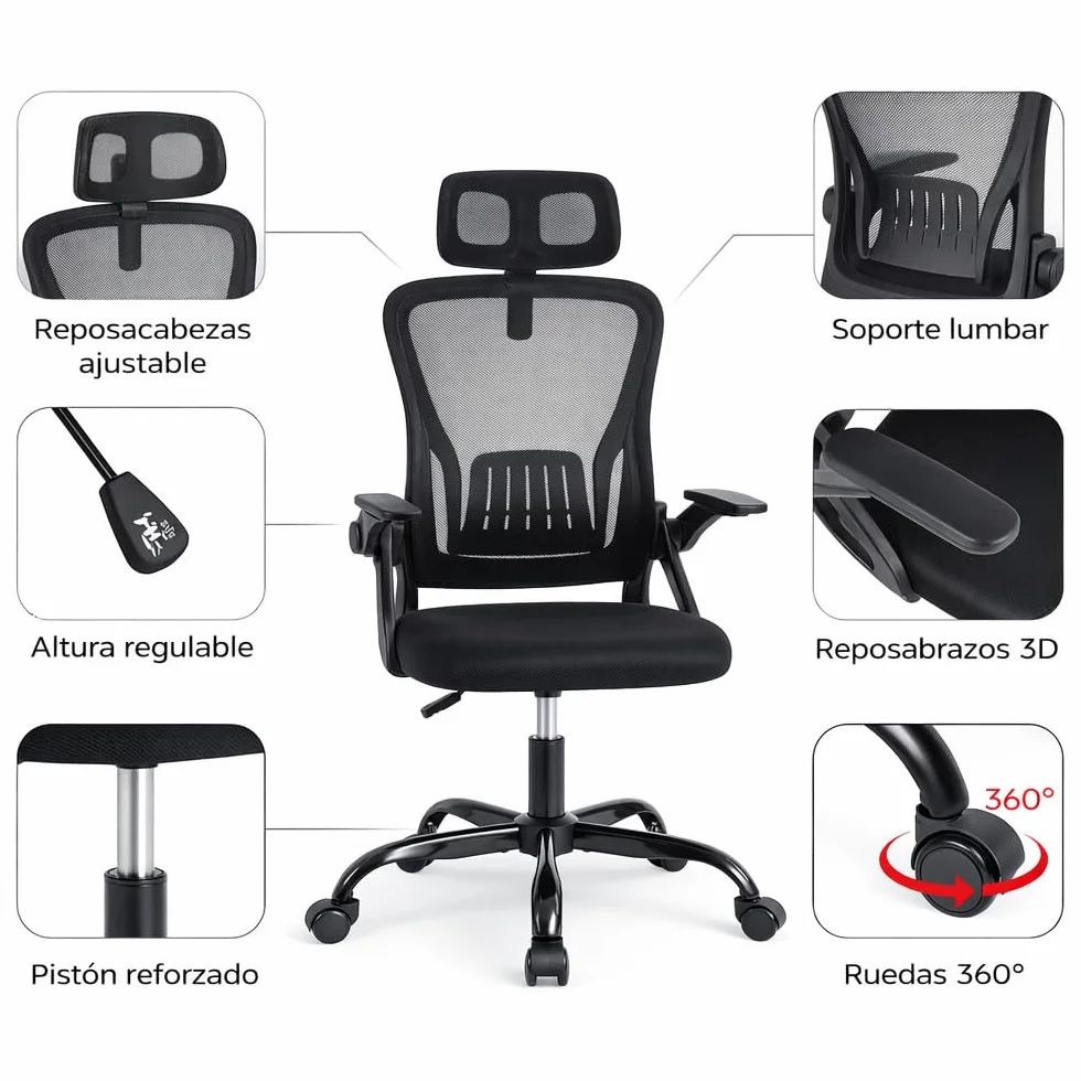 Silla de Oficina Ergonómica con Ruedas Reposacabezas Reposabrazos Ajustables Soporte Lumbar Respaldo de Malla Transpirable Altura Regulable
