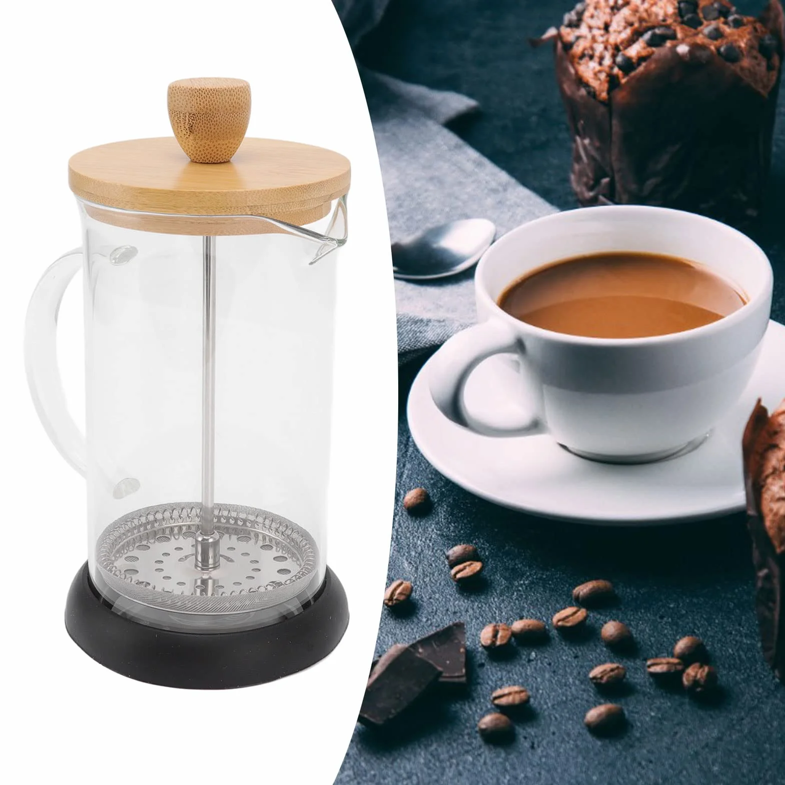Prensa Francesa Vidrio Borosilicato 350ml Tapa Bambú Filtro Manual