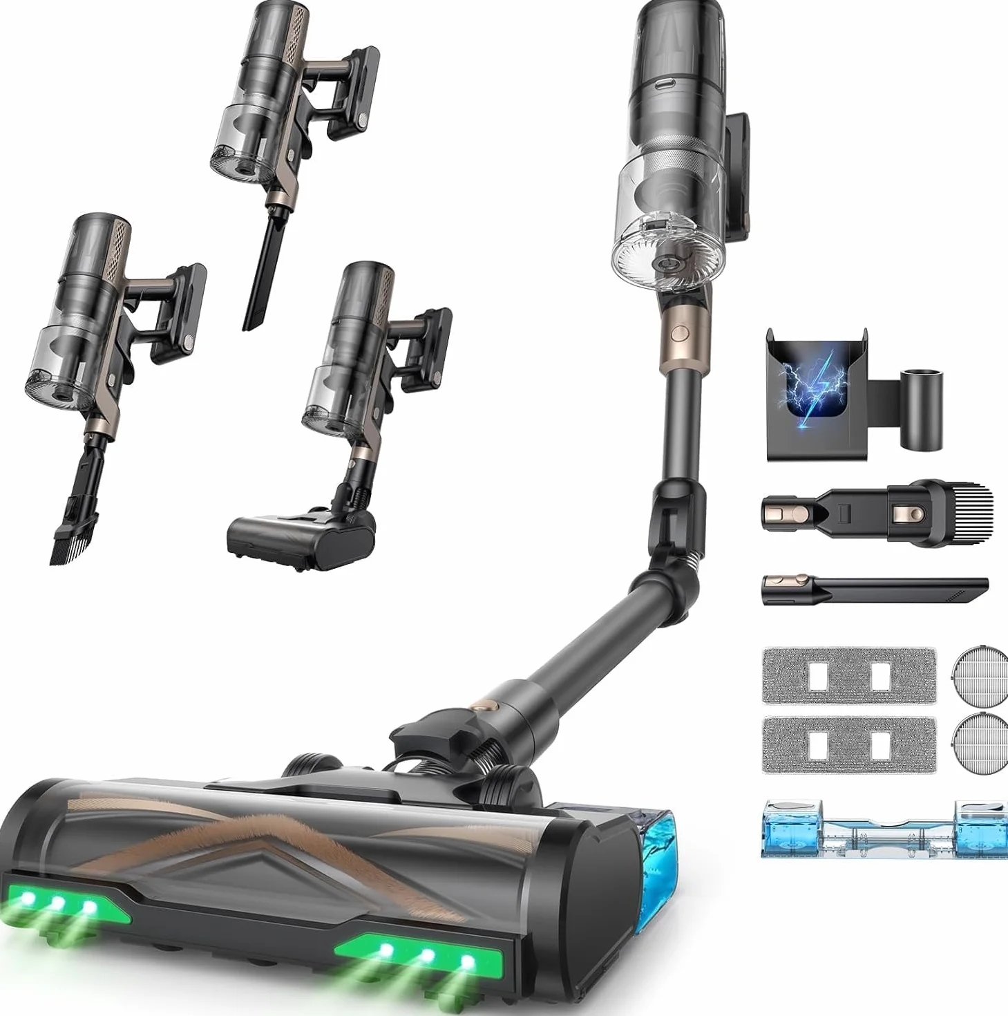 Proscenic P20+ Aspiradora fregadora sin Cable 70Mins/70kPa/680W, Autoportante y Plegable, con Cepillo Anti-Enredo y Depósito de Agua, Escoba Aspiradora sin Cable para Pelo de Mascotas/Suelos/Alfombras