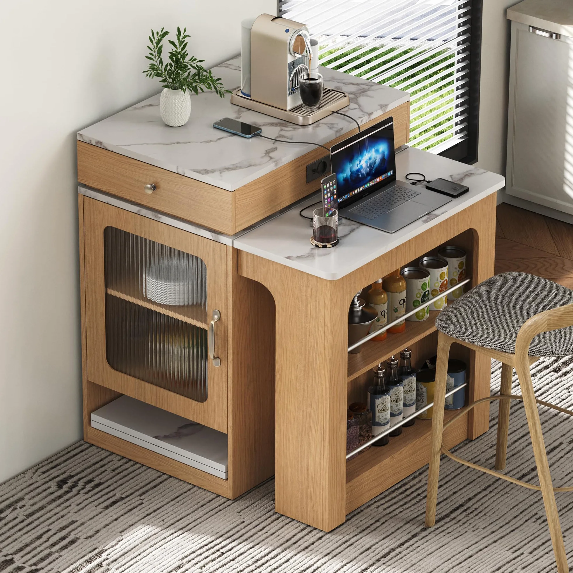 Kebnor Isla de Cocina con Ruedas, Mesa de Comedor Extensible con Tablero Desmontable, Mesa de Bar con Regletas de Enchufes, Sirve como Aparador o Alacena para Cocina y Sala