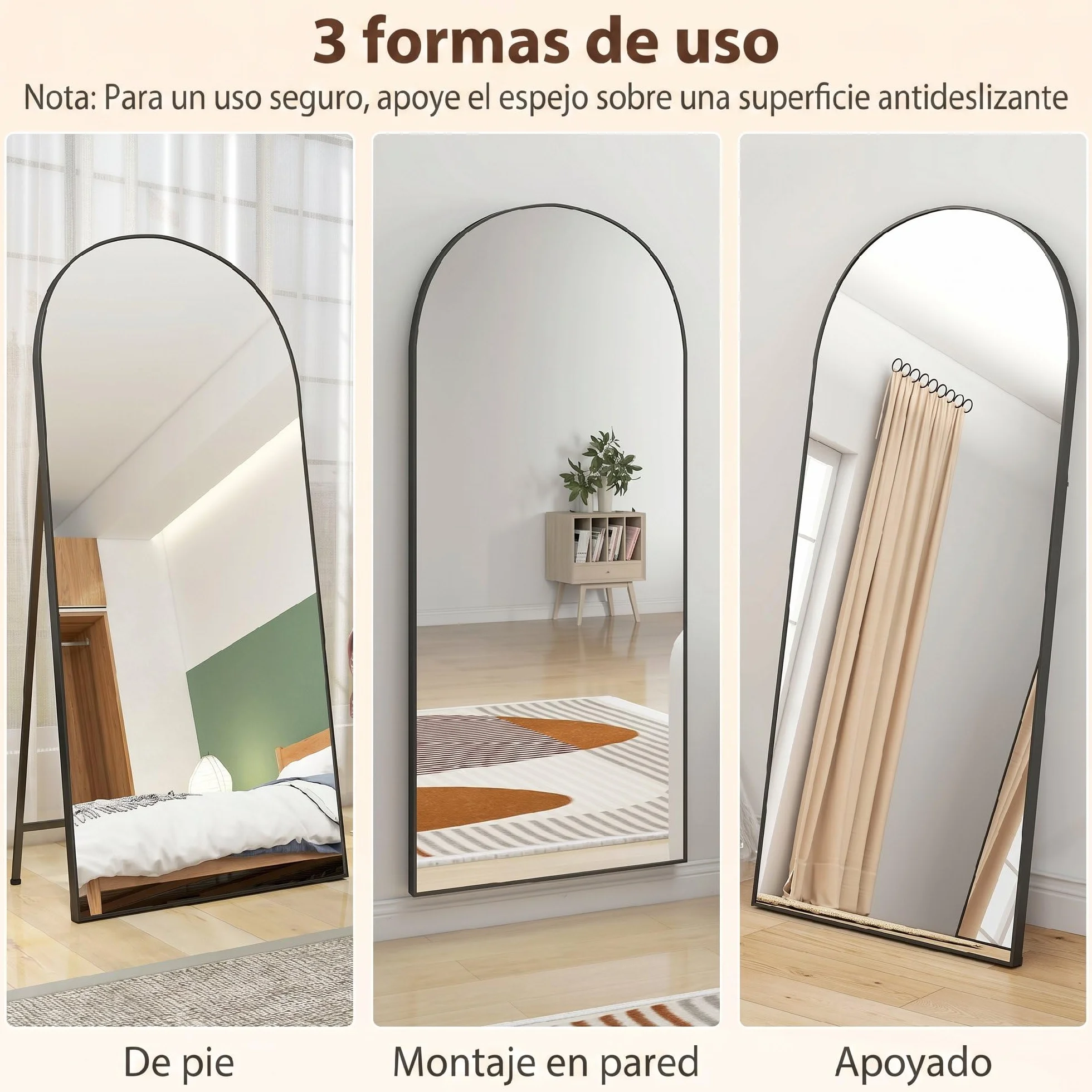 HOMCOM Espejo de Cuerpo Entero, 180x80 cm, Espejo de Pie Arqueado, Marco de Aluminio Negro, Independiente, Apoyado y de Pared, para Dormitorio, Salón
