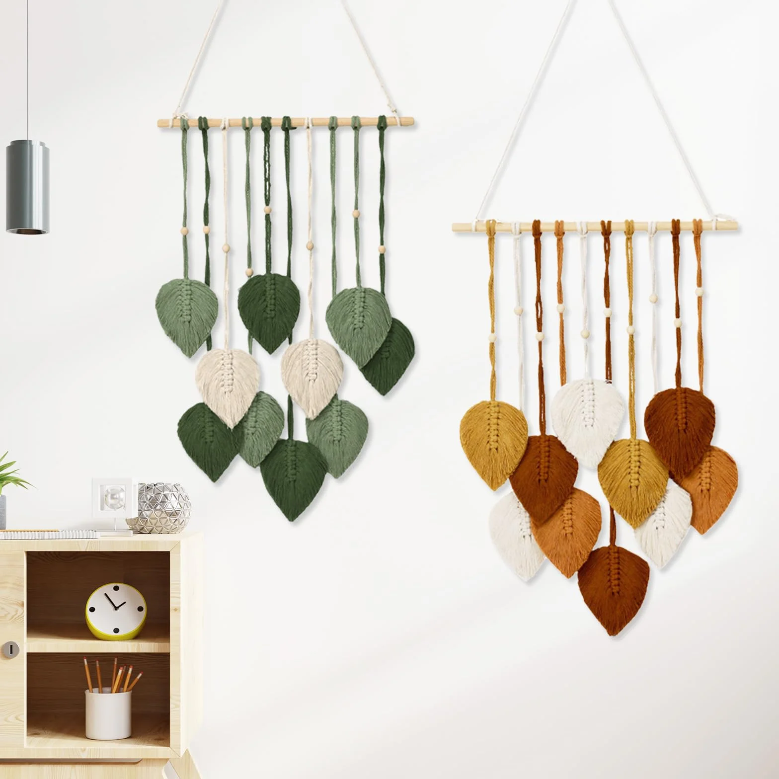 Tapiz Bohemio Hecho A Mano Decoración De Pared 2PCS Colgante Tejido Con Plumas Hojas Y Cuentas De Madera