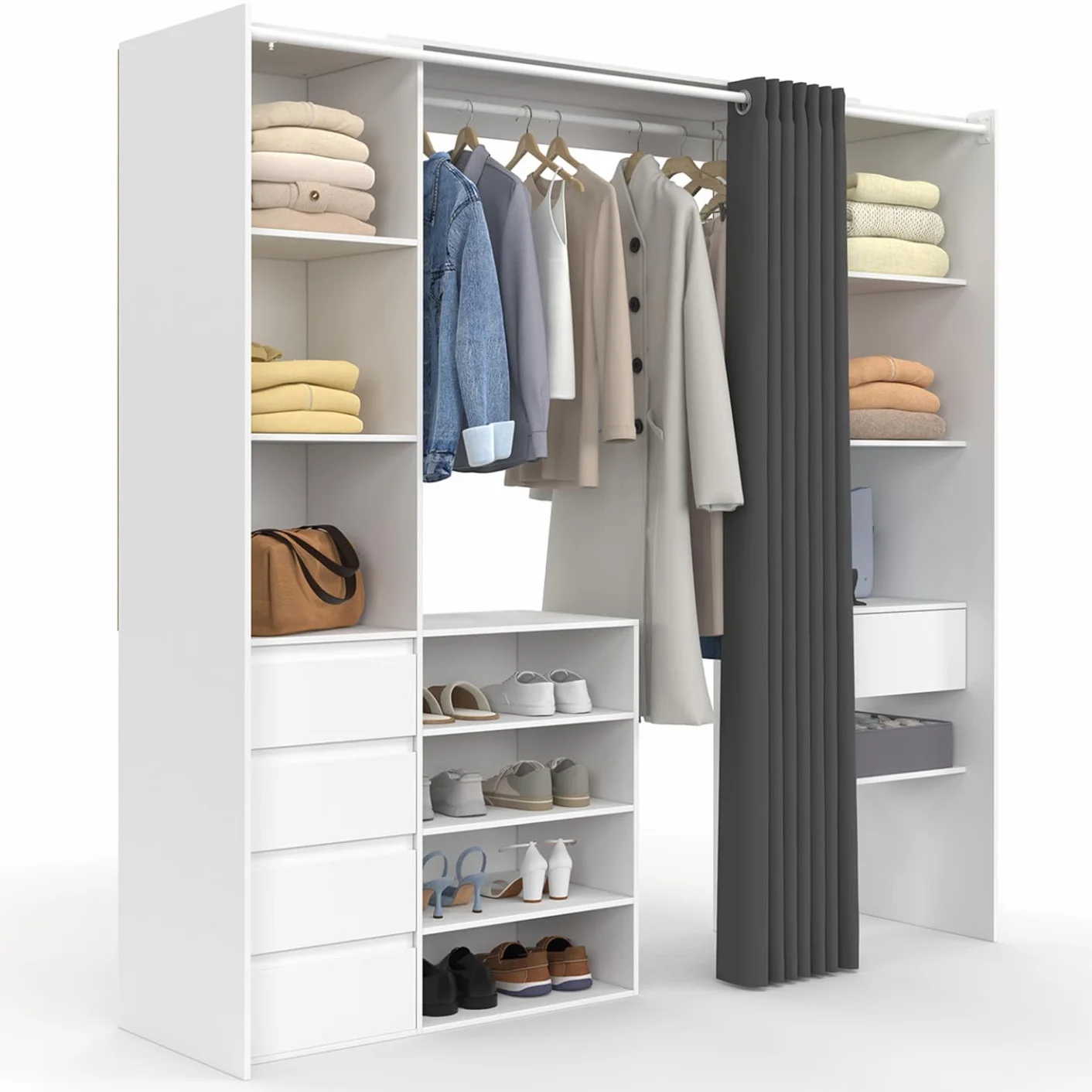 IDMarket - Vestidor extensible doble XXL MERYL 120/180 cm blanco con cajones + estantes + armario + cortina gris
