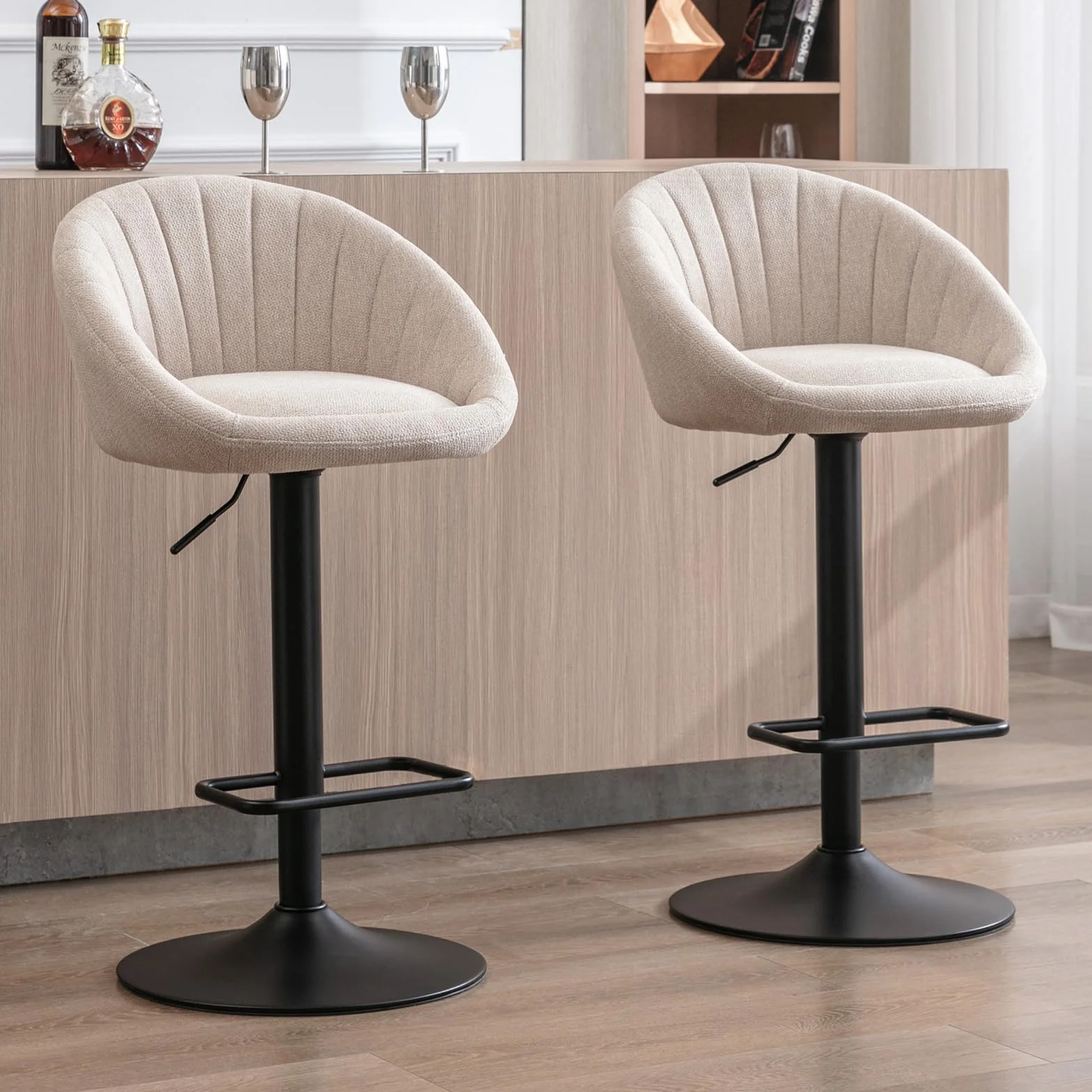Ya-Home Juego 2 Taburetes de Bar Modernos Taburetes Alto de Cocina con Respaldo,Sillas Bar Giratorios Sillas Altas de Mostrador Regulables para Isla Cocina/Restaurante,Beige