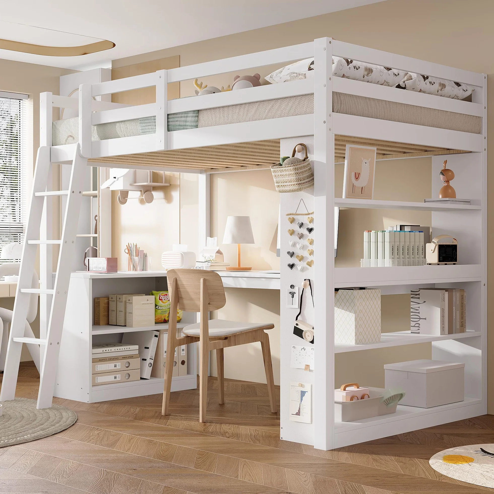 SUKY Cama Alta 90x200 cm con Estante de Almacenamiento y Barandilla de Seguridad