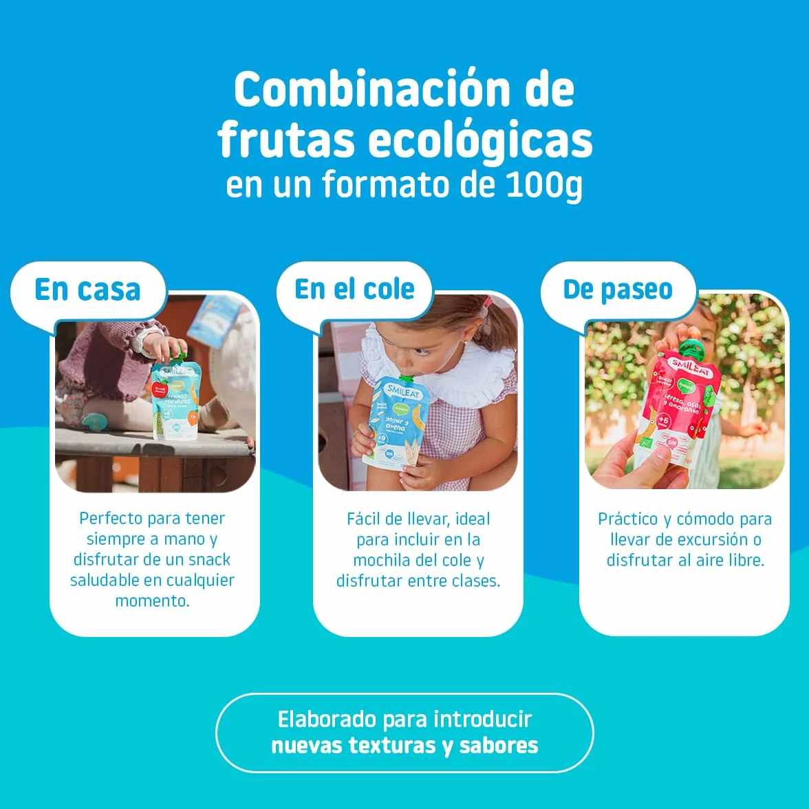 Smileat Pouch de Frutas Ecológicas Sin Sal ni Azúcar Añadido Sin Gluten Snack Práctico para Peques