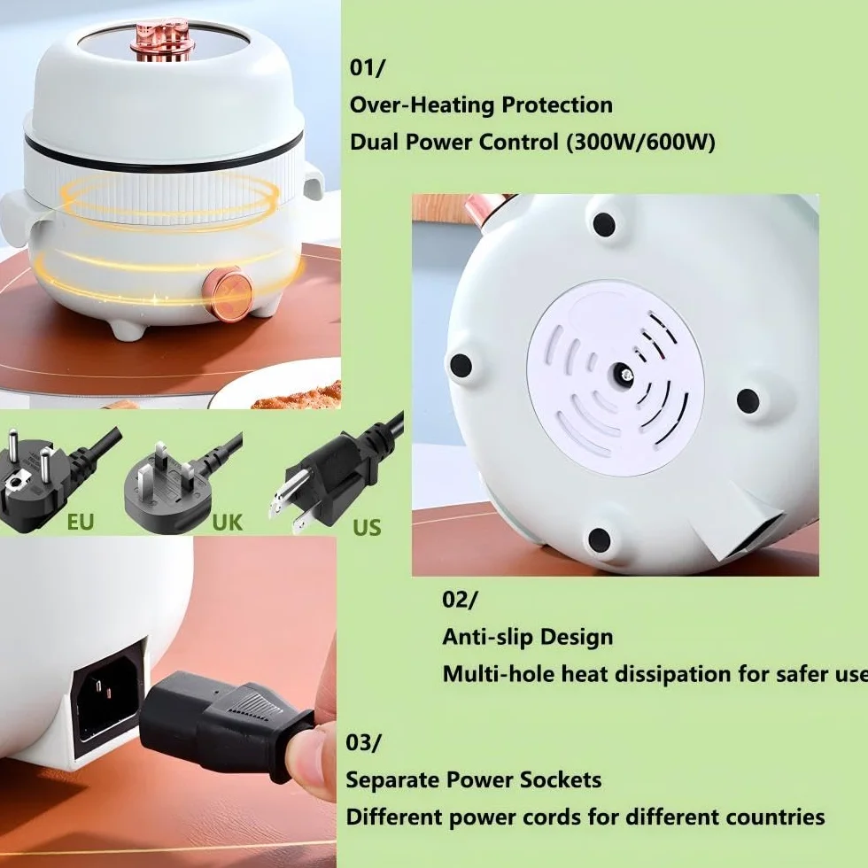 Olla Eléctrica 2.2L con Vaporera, Sartén Antiadherente Portátil para Asar/Ramen/Bistec/Fondue/Sopa, Doble Control de Potencia, beige