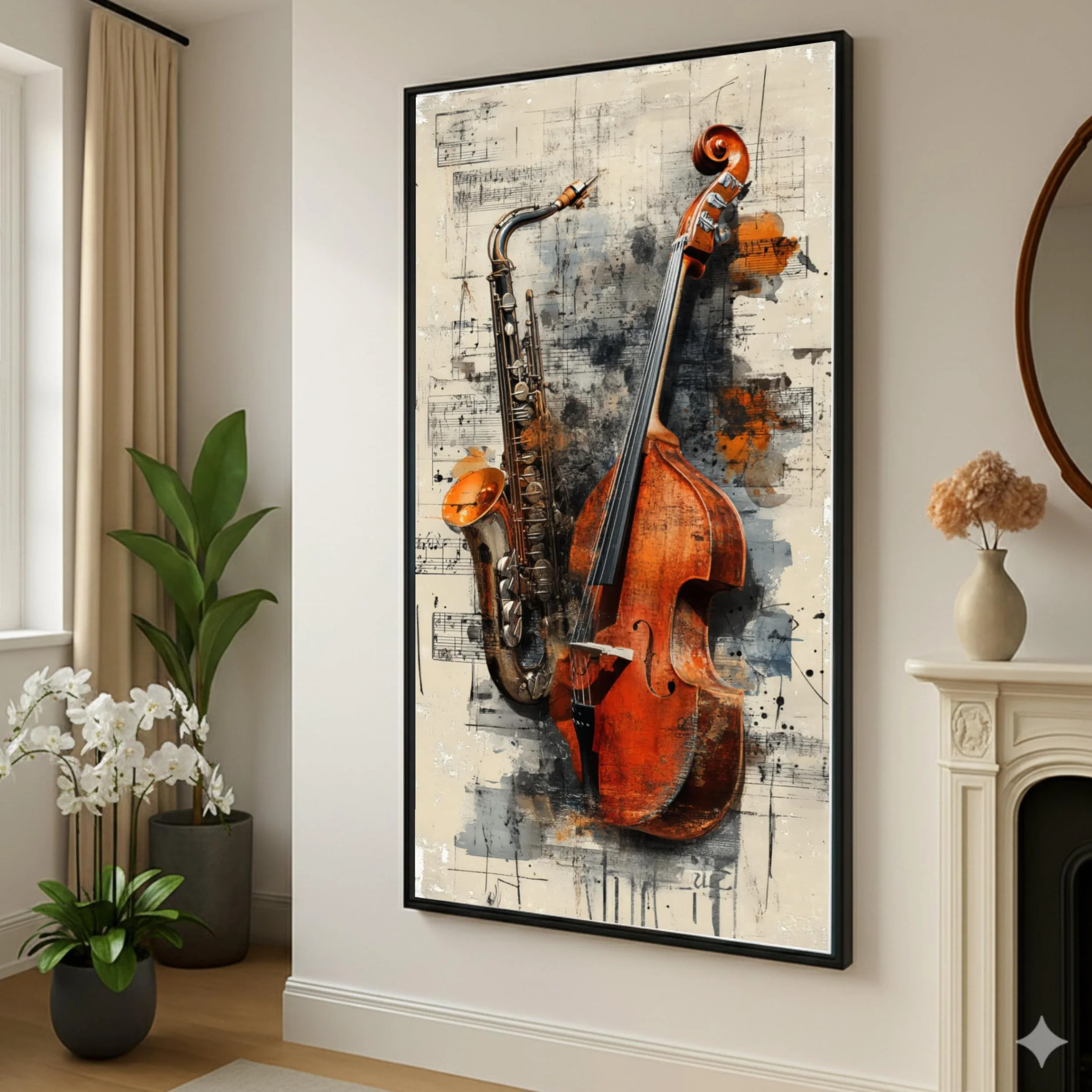 TONGYINLI Lienzo vintage de saxofón y contrabajo, arte mural de instrumentos musicales, decoración de música jazz, fondo de partituras (55 x 100 cm/marco interior)