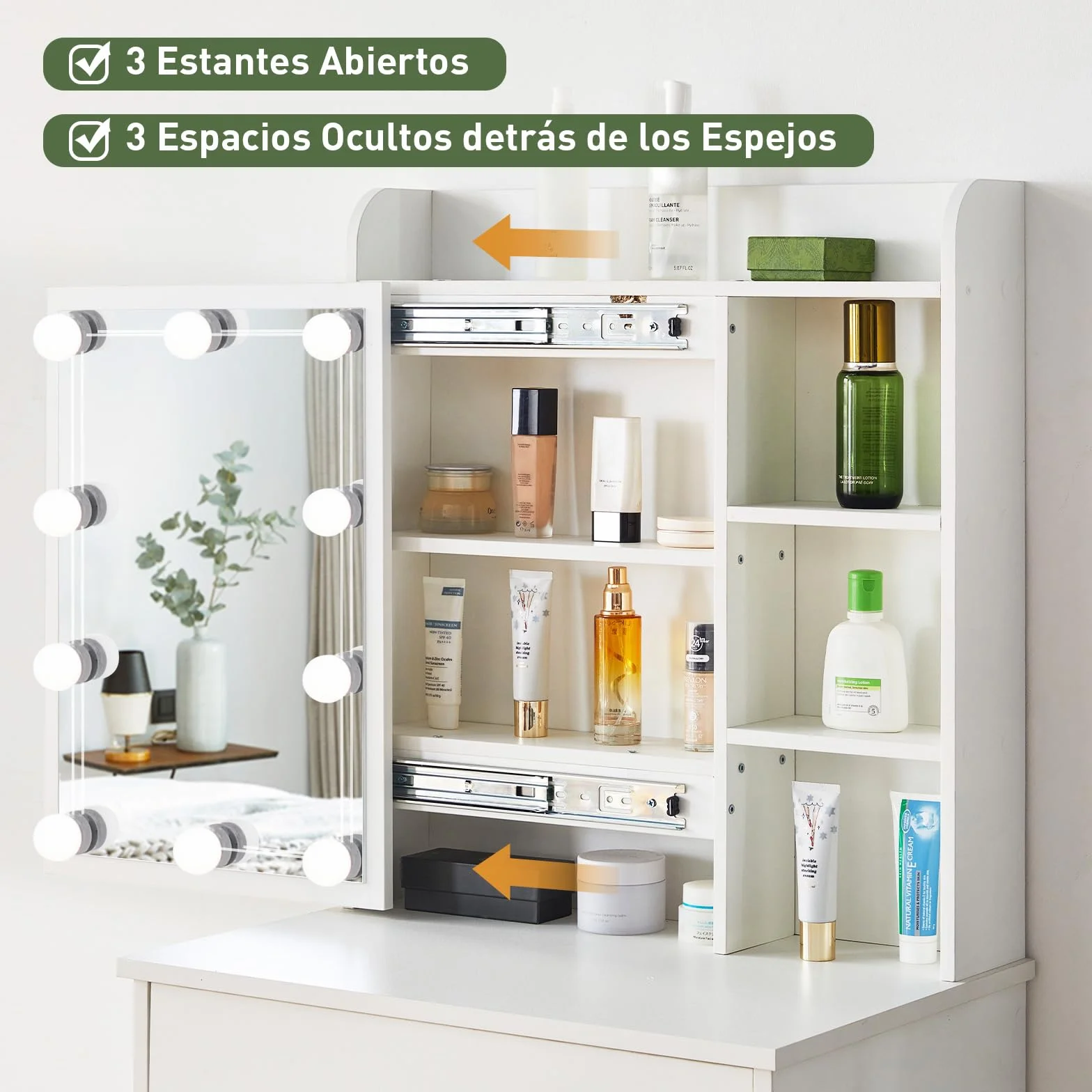 LEMROE Tocador Hollywood con Espejo LED y Taburete, Mesa de Maquillaje Blanca con 7 Estantes y 1 Cajón