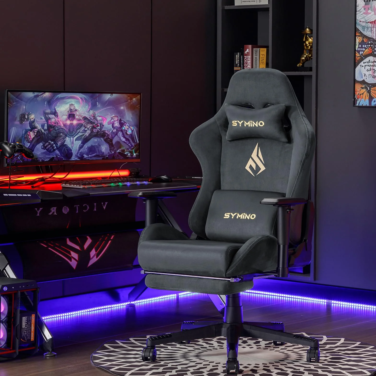 Symino Silla Gaming Ergonómica Reclinable con Reposapiés Ajustable, Soporte Lumbar y Reposacabezas Regulable, Altura Ajustable para Adultos hasta 200kg (Gamuza Artificial,Grey)