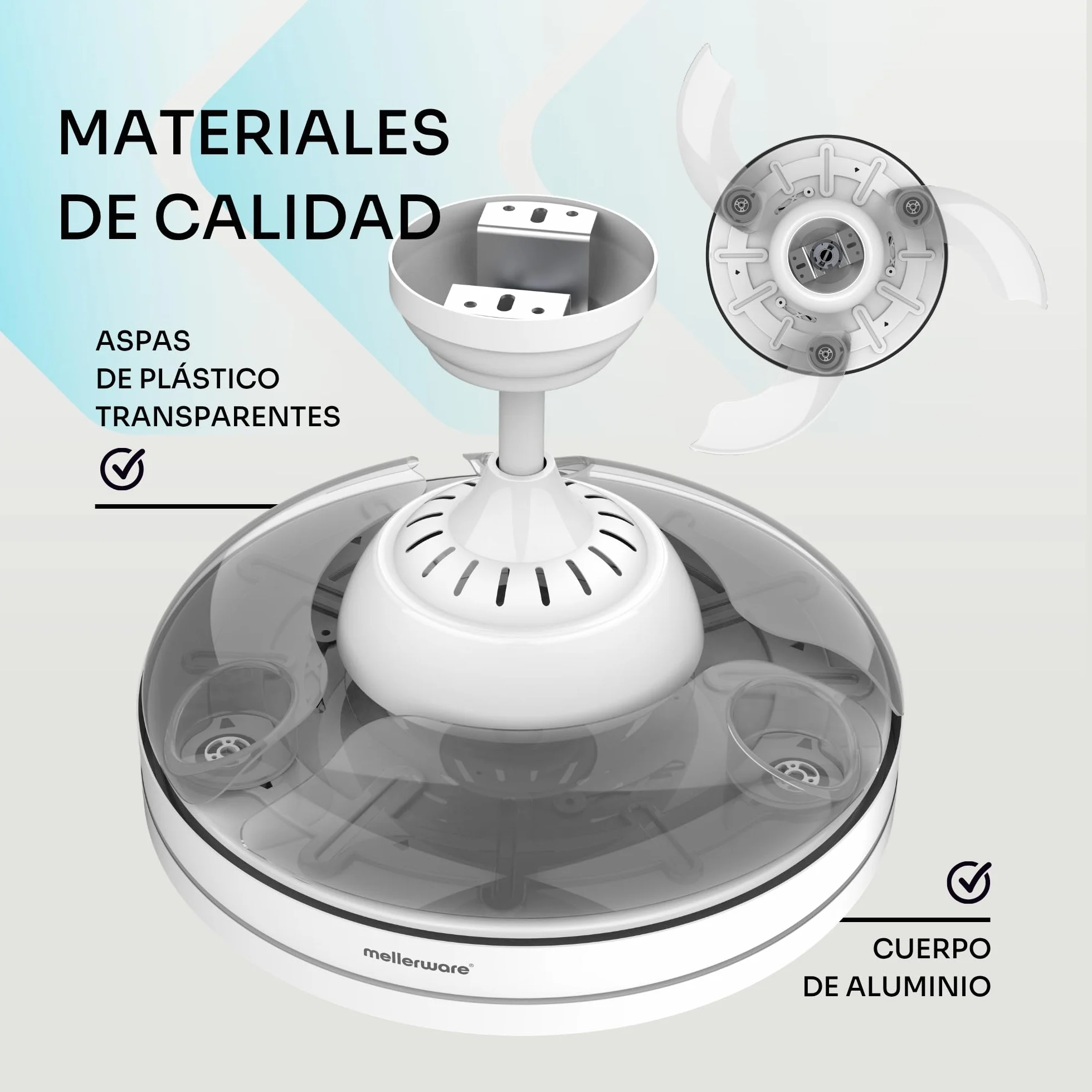 Mellerware - Ventilador de techo retráctil Brizy plegable de 40 W | 6 velocidades | 3 aspas | Ø 106 cm | Motor DC ultra silencioso | Temporizador | Función verano invierno | Luz LED