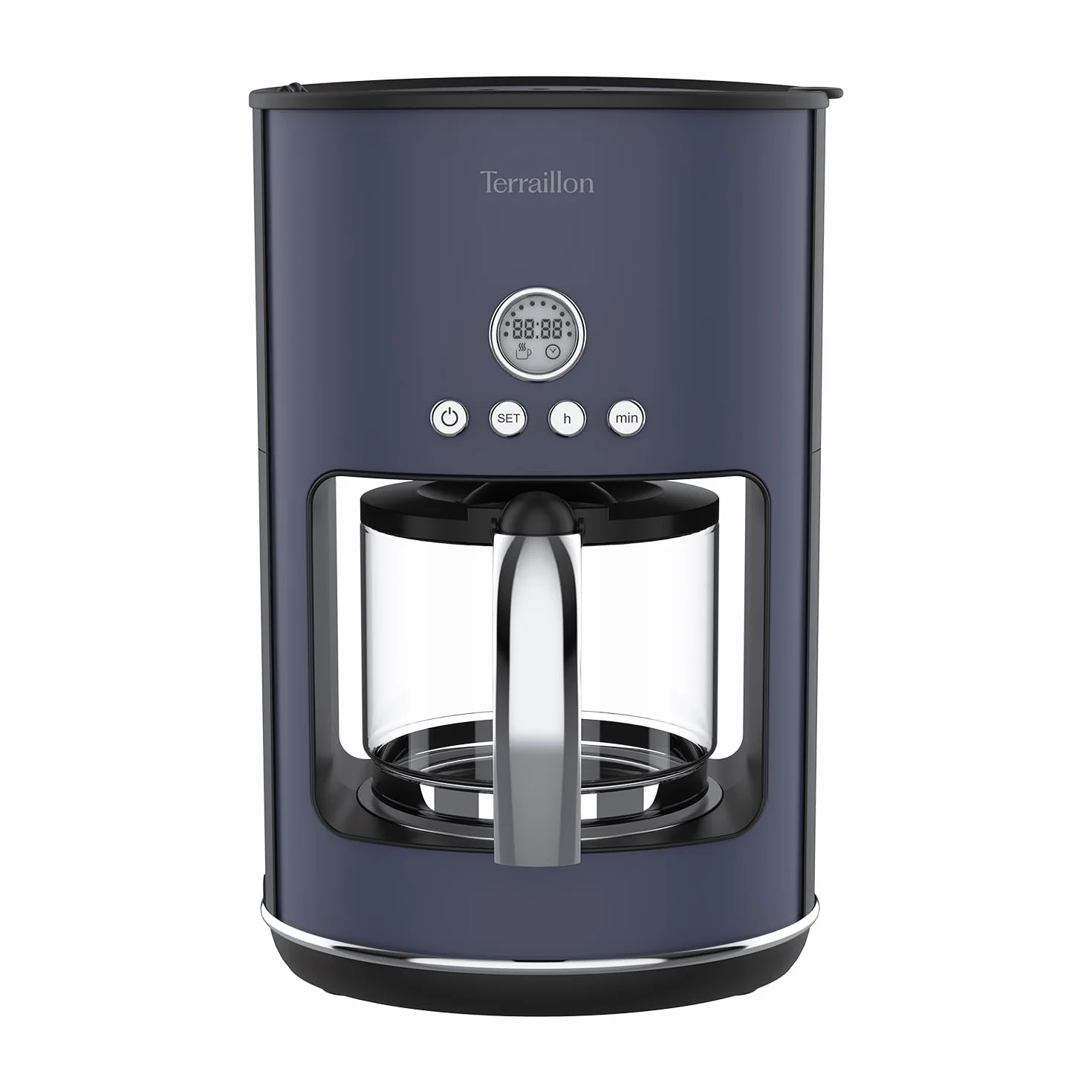 Terraillon - Cafetera de filtro eléctrico, programable, jarra de cristal, 1080 W, capacidad 1,25 L, mantenimiento caliente, función antigoteo, filtro extraíble, cuerpo de acero inoxidable pintado