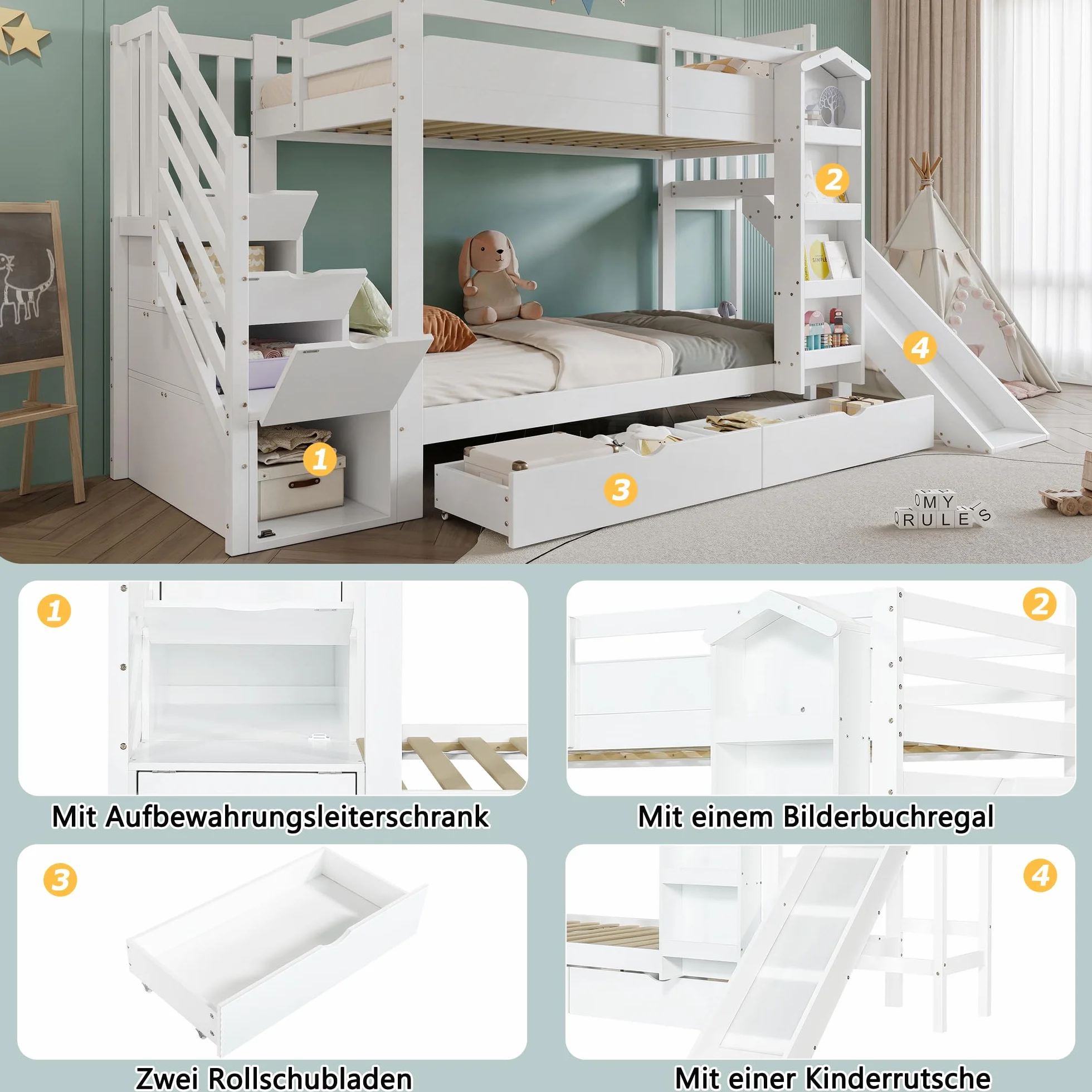 Litera, cuna, con estante para libros, dos cajones con ruedas y tobogán infantil, armario de almacenamiento para escaleras, pino + MDF + madera contrachapada, blanco, 90 x 200 cm