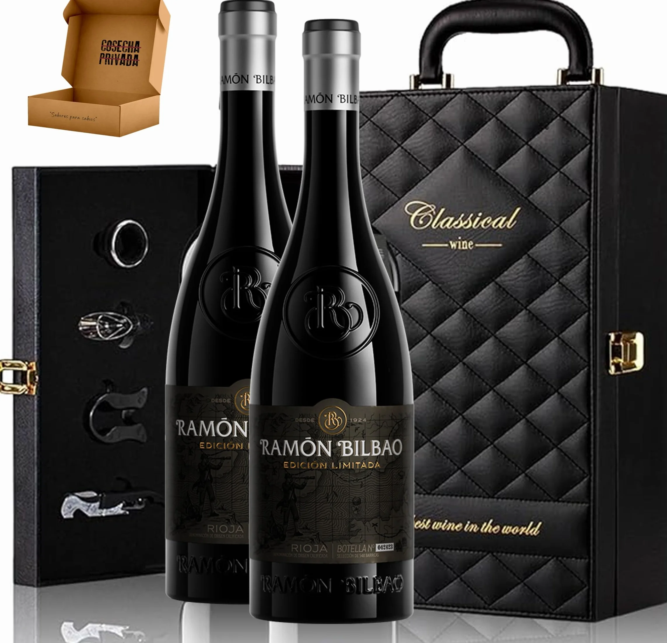 Estuche Ramón Bilbao Vino Regalo 2 Botellas Set 4 Accesorios Rioja Cuero
