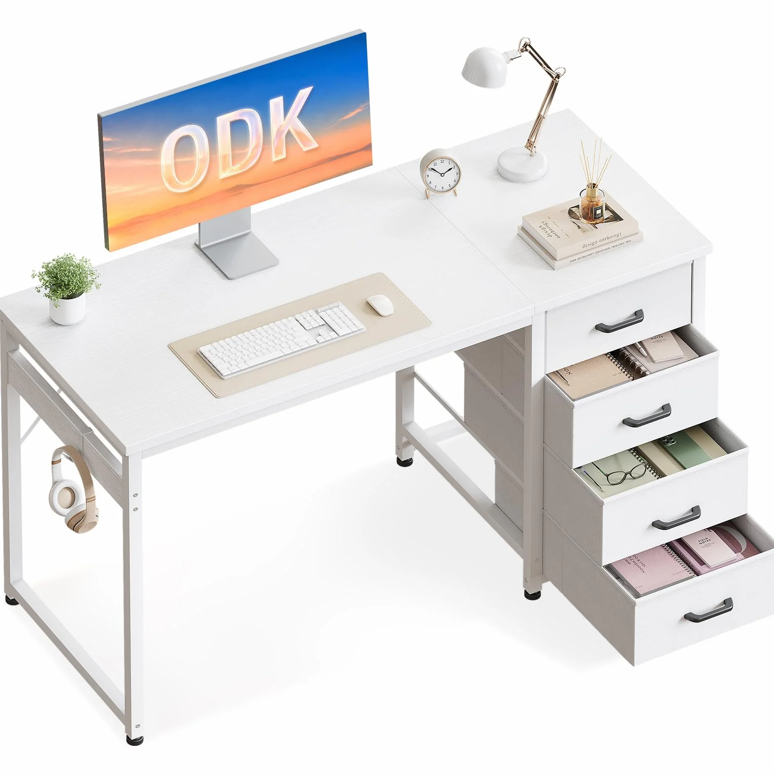 ODK Escritorio Ordenador con 4 Cajones de Tela, 100x48cm, Blanco | 4 Cajones de Tela para Organizar Documentos, Mesa Reversible con Gancho para Auriculares, para Oficina Estudio en Casa