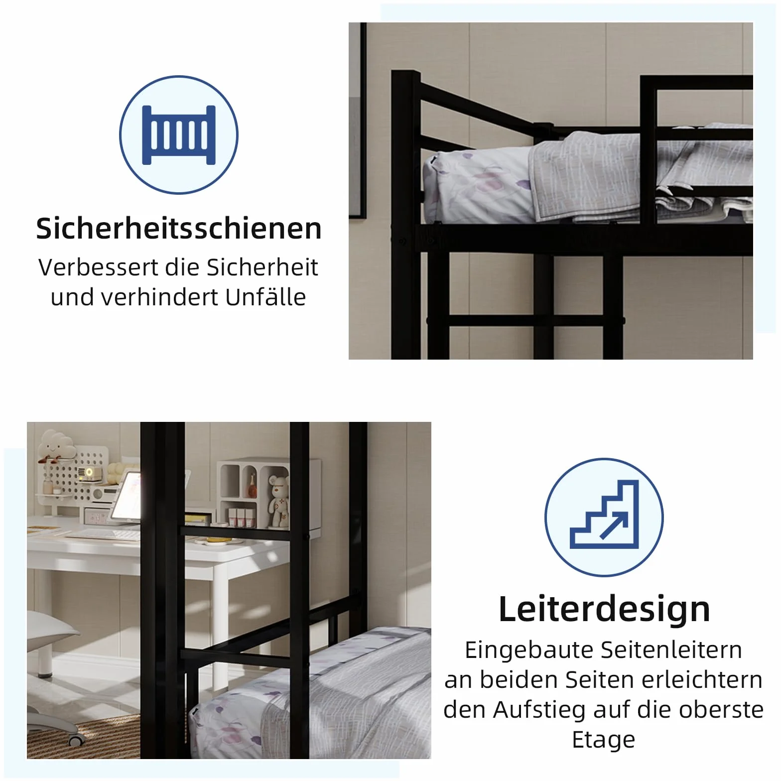 Lubvtti Litera para niños/adolescentes/adultos, cama para niños de 90 x 190 cm, de metal, con escalera y barandilla (C-negro)