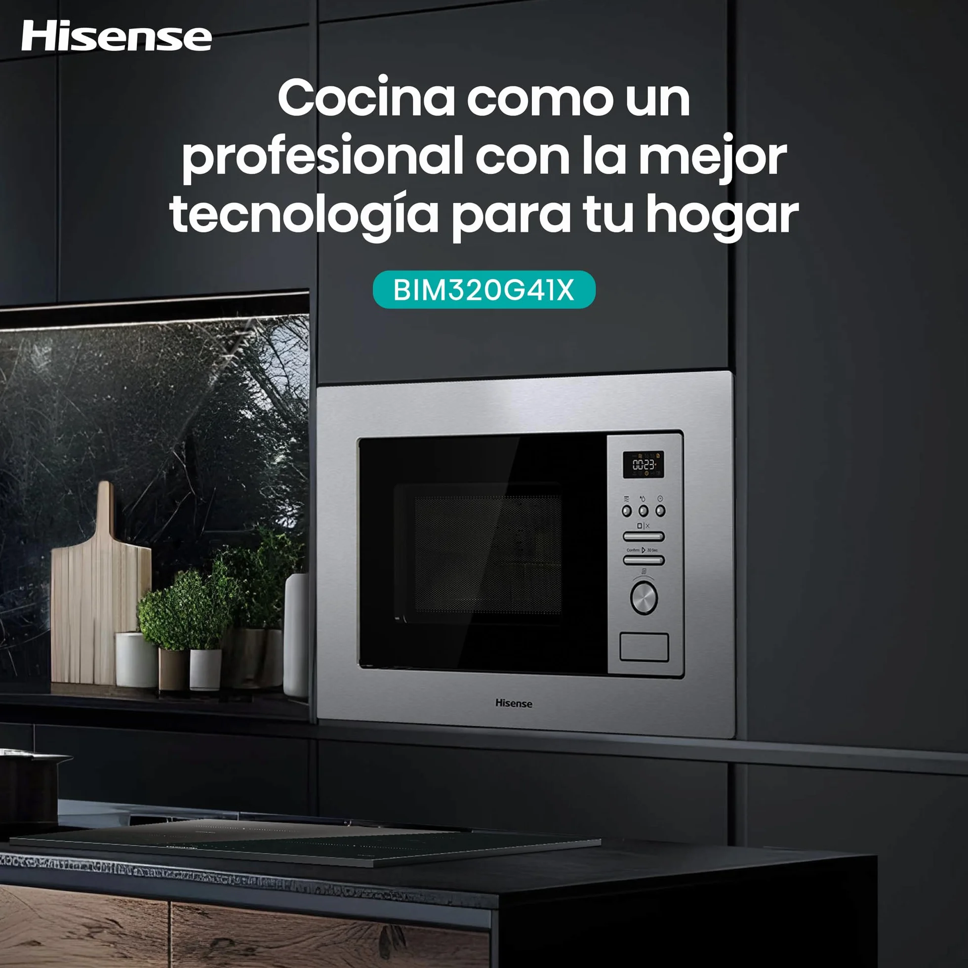 Hisense BIM320G41X - Microondas Integrable, 1000W, 20L, Alto 38.8cm x Ancho 59.5cm, Color Inox, 5 Niveles de Potencia, 15 Programas Preestablecidos, Grill Combo, Descongelar por Tiempo o Peso