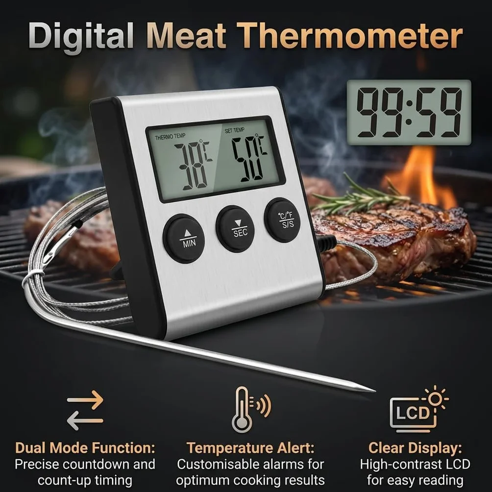 Termómetro Cocina con Sonda, Temporizador integrado, Termometro Horno Digital para Cuisine, Comida, Barbacoa, Liquidos y Aceite, Doméstico Termómetro Carne con Gran Pantalla LCD & Alarma