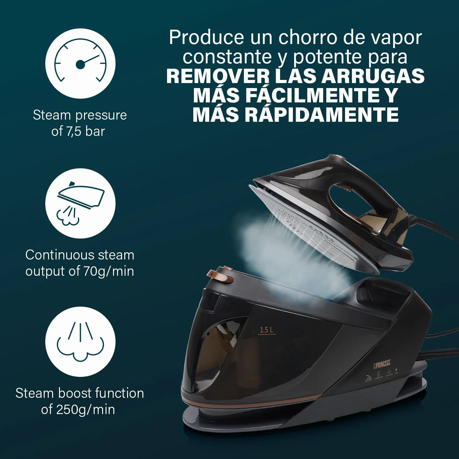 Princess Centro de Planchado, 3000 W, Hasta 7,5 bar, Depósito 1,5 l, Suela Cerámica, 70 g/min Vapor, 250 g/min Golpe, Antical, Apagado Automático, 323091